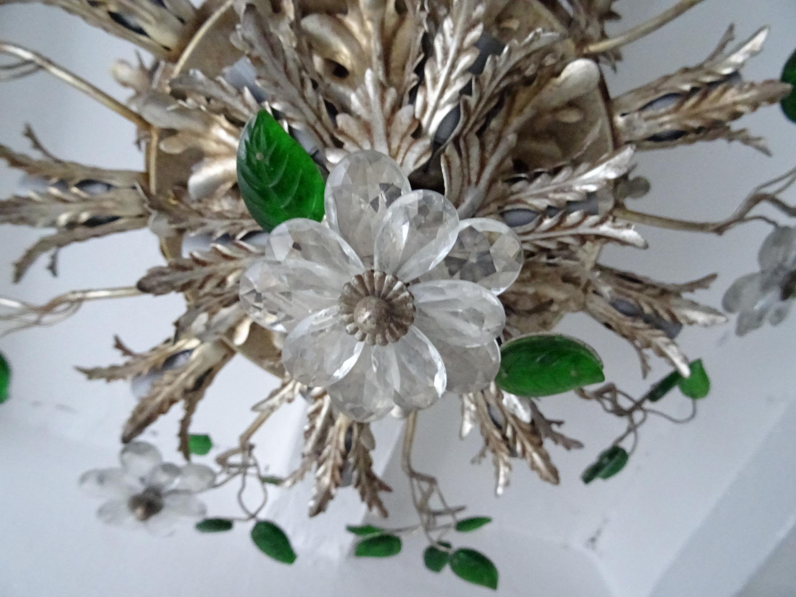 Flush Mount Maison Baguès Crystal Flowers Green Leaves Chandelier 15 Lights In Good Condition In Modena (MO), Modena (Mo)