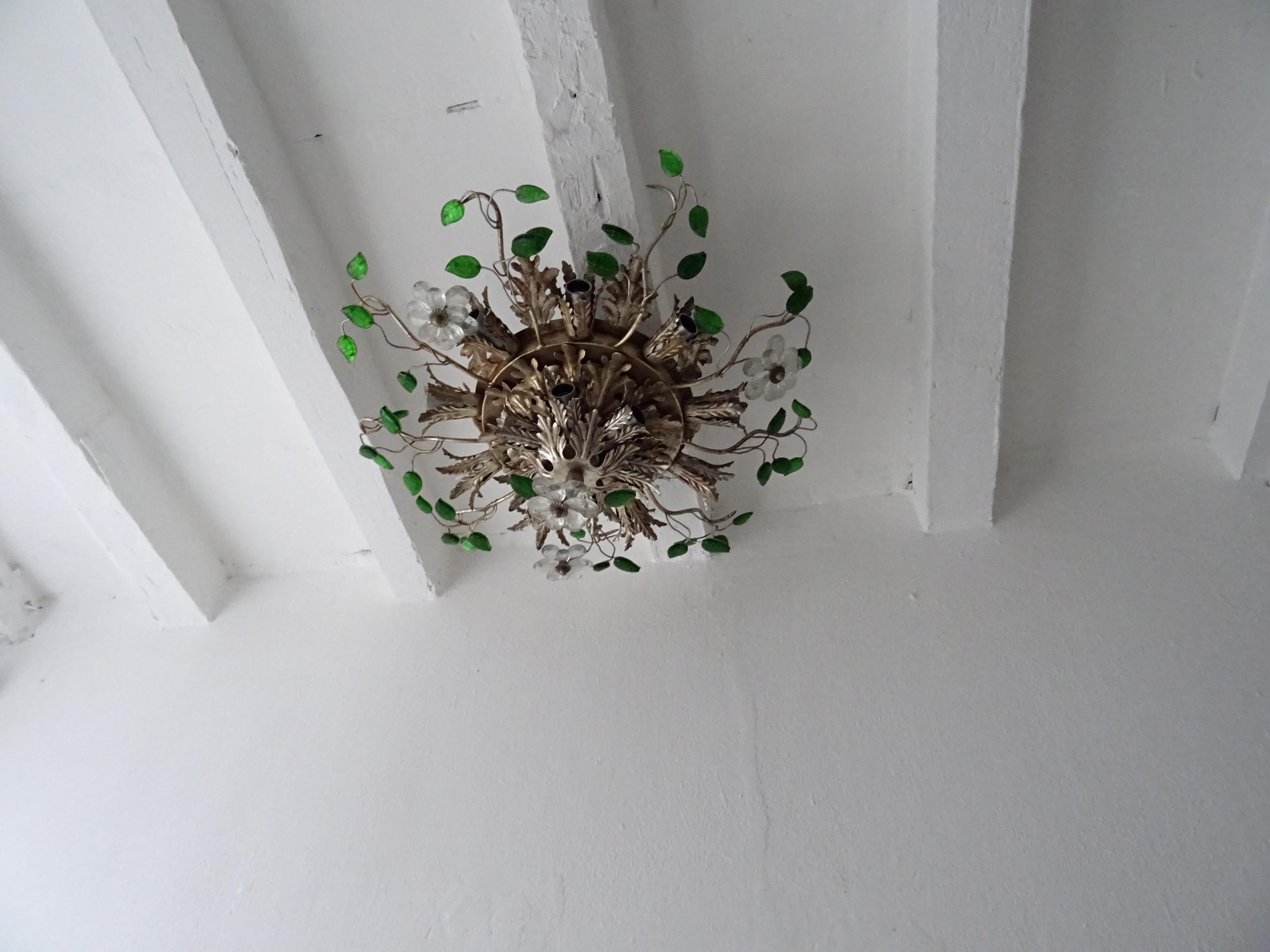 Mid-20th Century Flush Mount Maison Baguès Crystal Flowers Green Leaves Chandelier 15 Lights