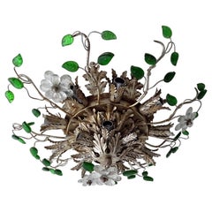 Flush Mount Maison Baguès Crystal Flowers Green Leaves Chandelier 15 Lights