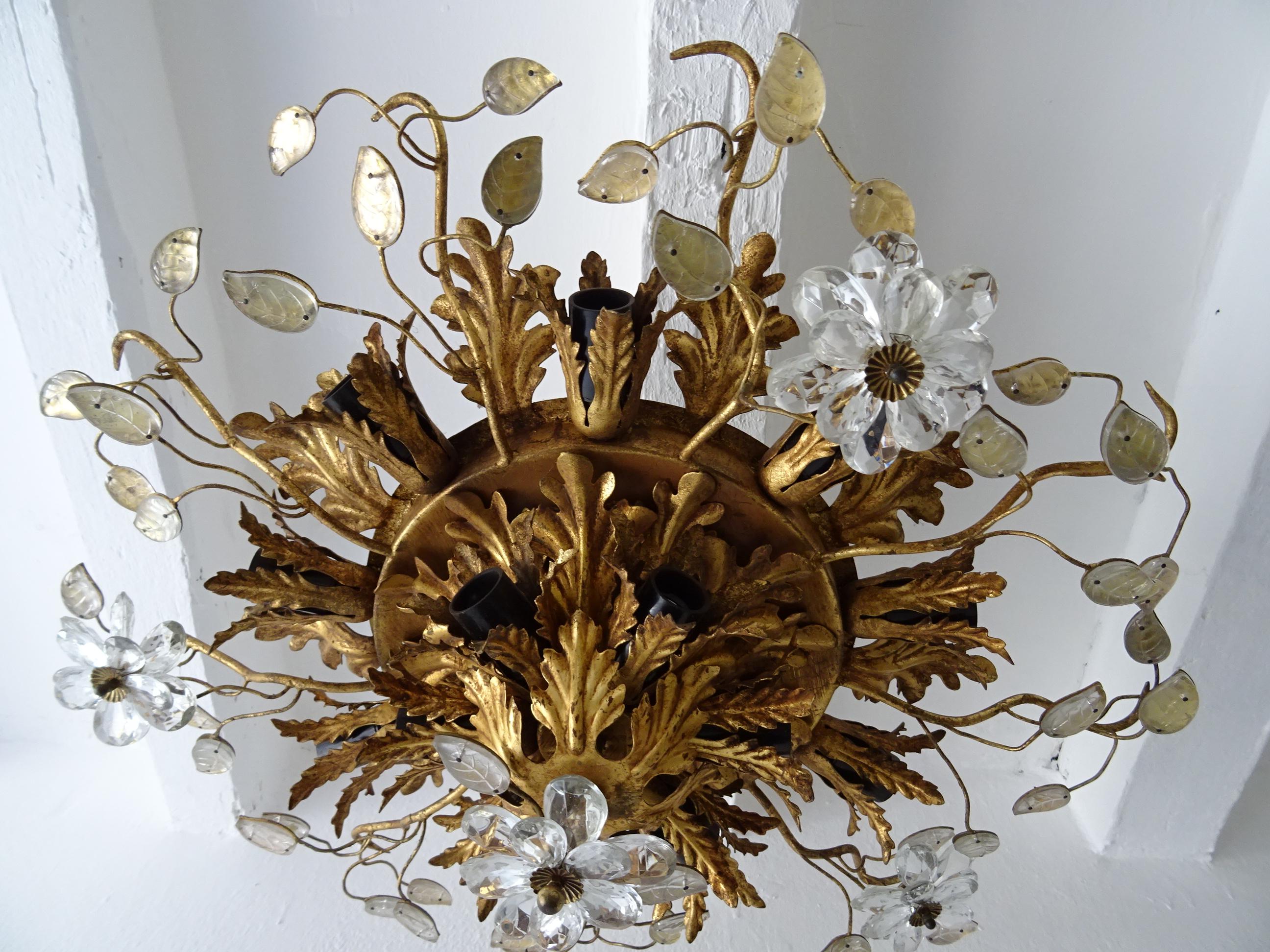 Mid-20th Century Flush Mount Maison Baguès Crystal Flowers Leaves Chandelier 15 Lights