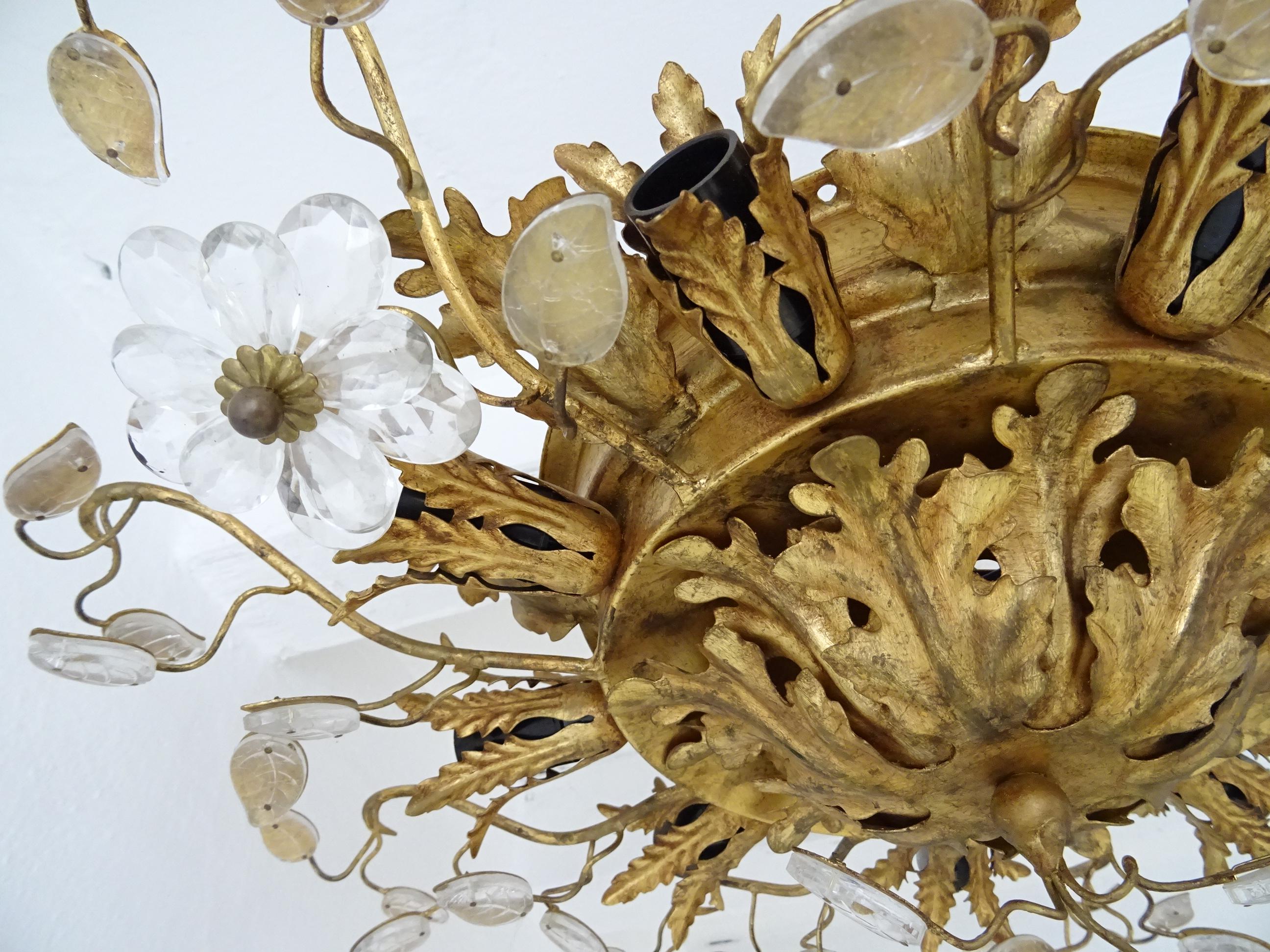 Flush Mount Maison Baguès Crystal Flowers Leaves Chandelier 9 Lights Rare In Good Condition In Firenze, Toscana