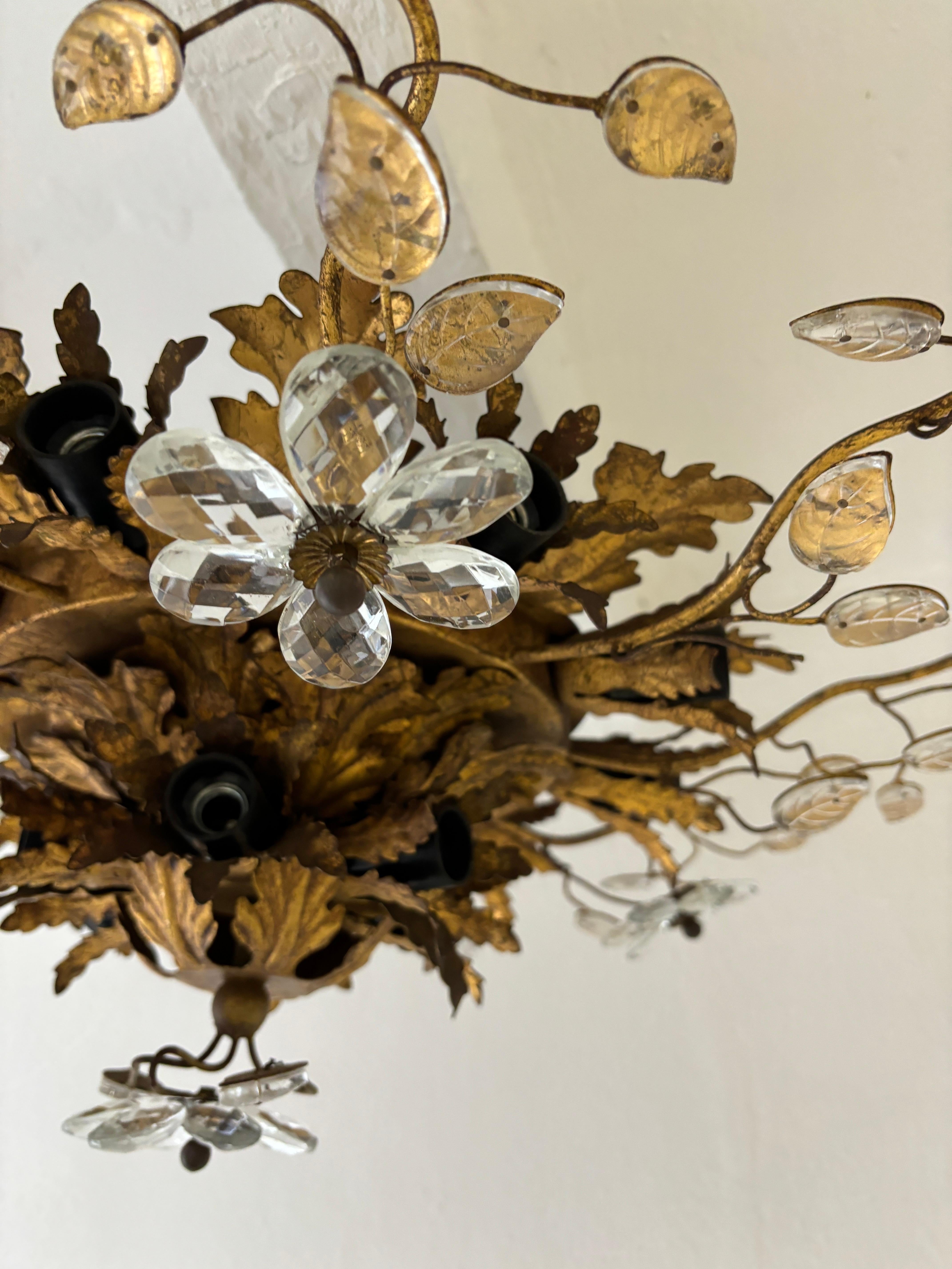 Mid-20th Century Flush Mount Maison Baguès Crystal Flowers Leaves Chandelier 15 Lights Signed For Sale