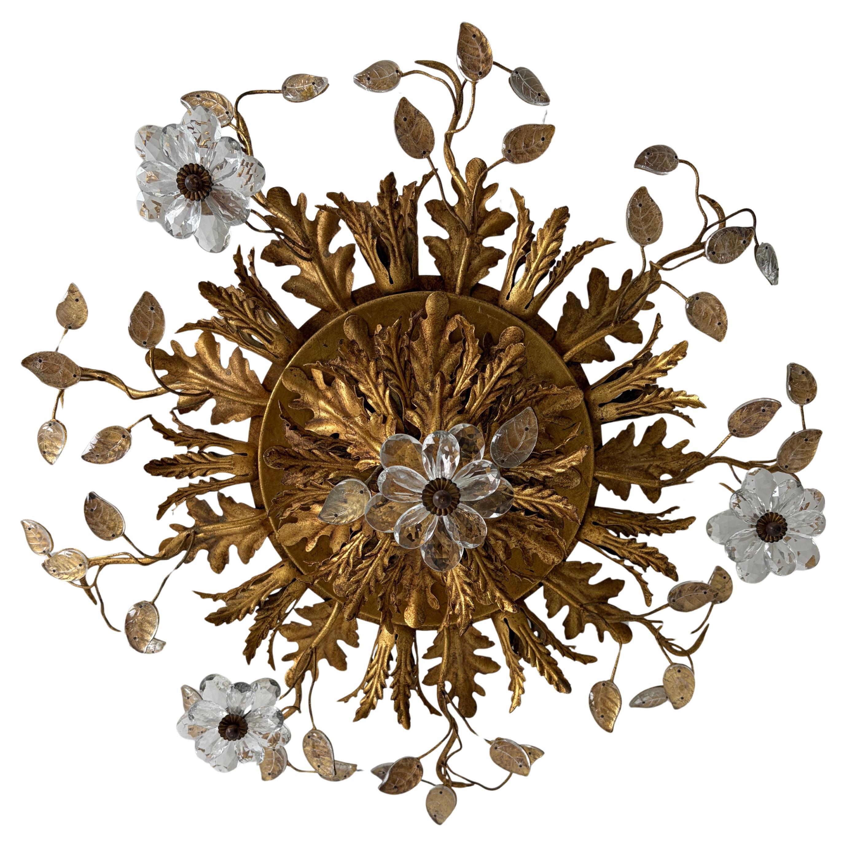 Flush Mount Maison Baguès Crystal Flowers Leaves Chandelier 15 Lights Signed