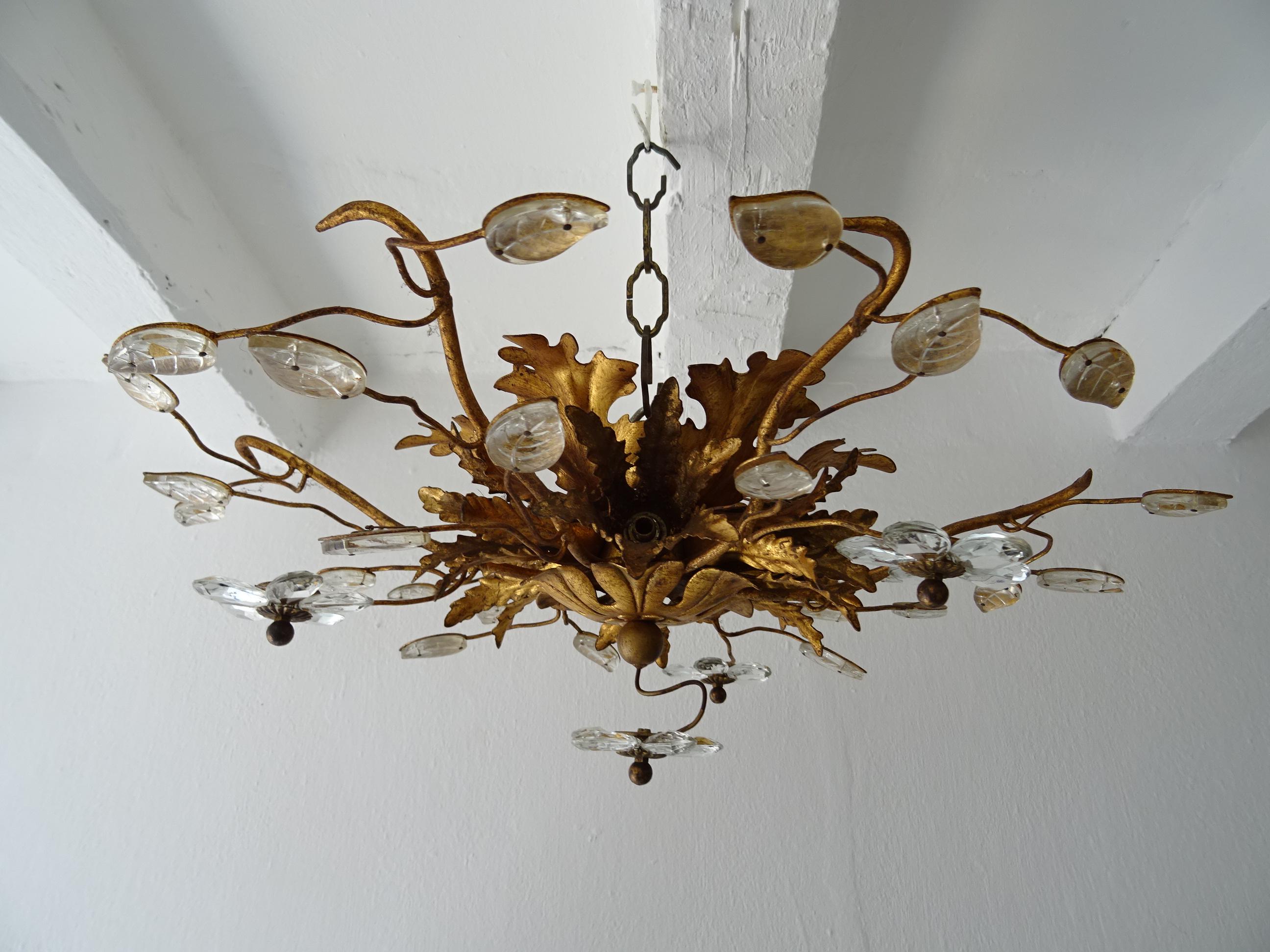 Flush Mount Maison Baguès Crystal Flowers Leaves Chandelier 6 Lights C 1940 In Good Condition In Modena (MO), Modena (Mo)