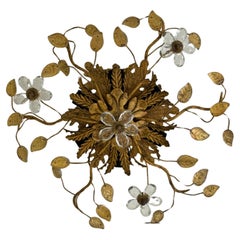 Lámpara de araña de cristal con flores y hojas Maison Baguès 6 luces C 1940