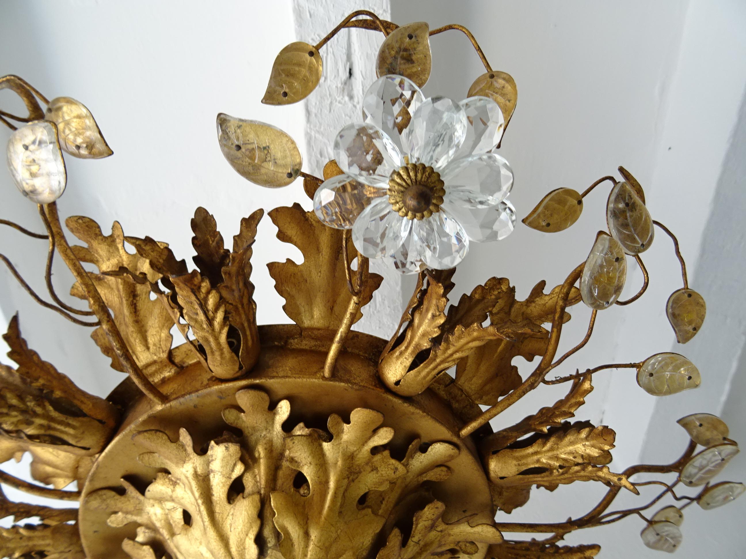 Flush Mount Maison Baguès Crystal Flowers Leaves Chandelier 9 Lights C 1940 In Good Condition For Sale In Firenze, Toscana