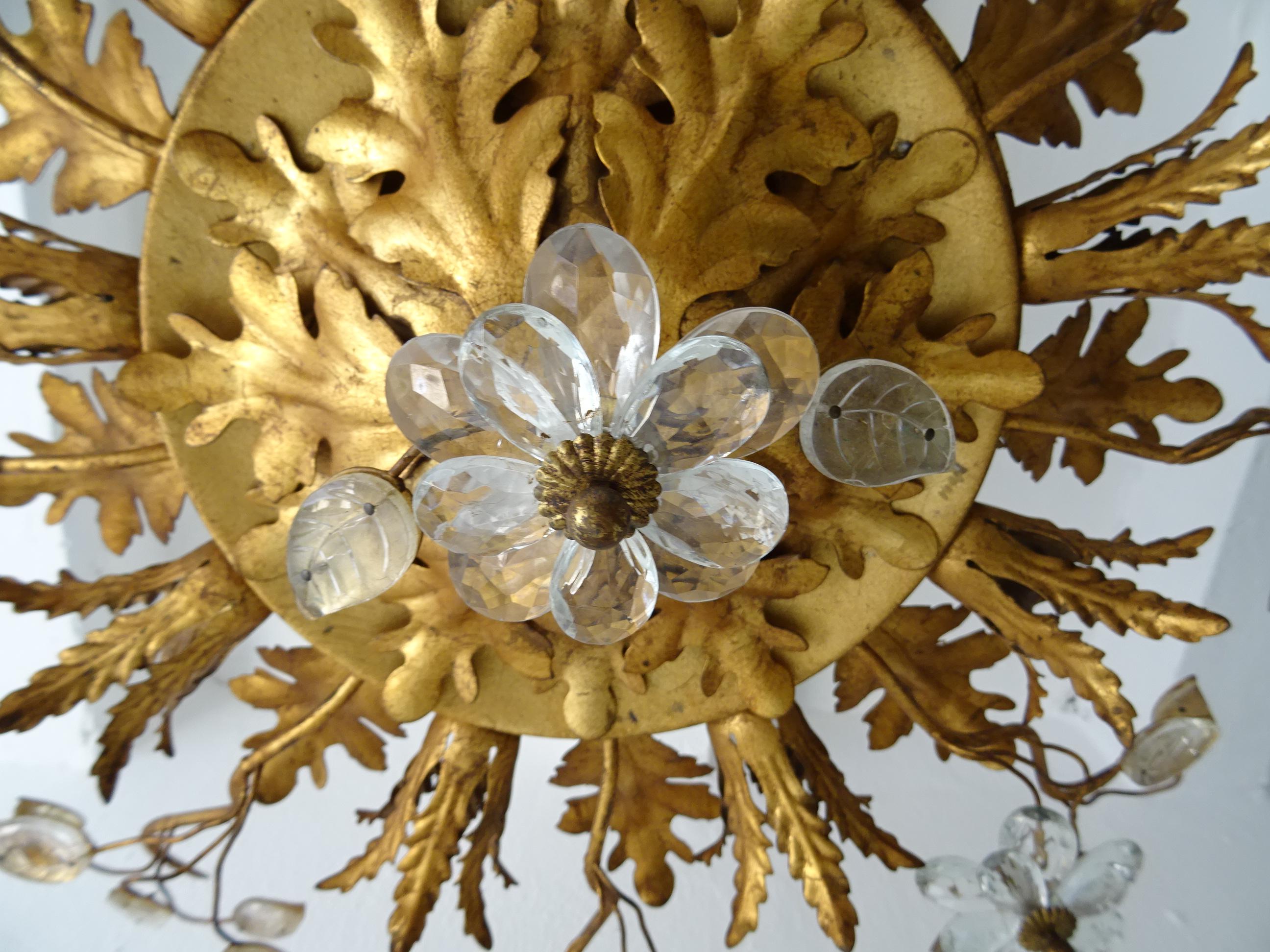 Mid-20th Century Flush Mount Maison Baguès Crystal Flowers Leaves Chandelier 9 Lights C 1940 For Sale
