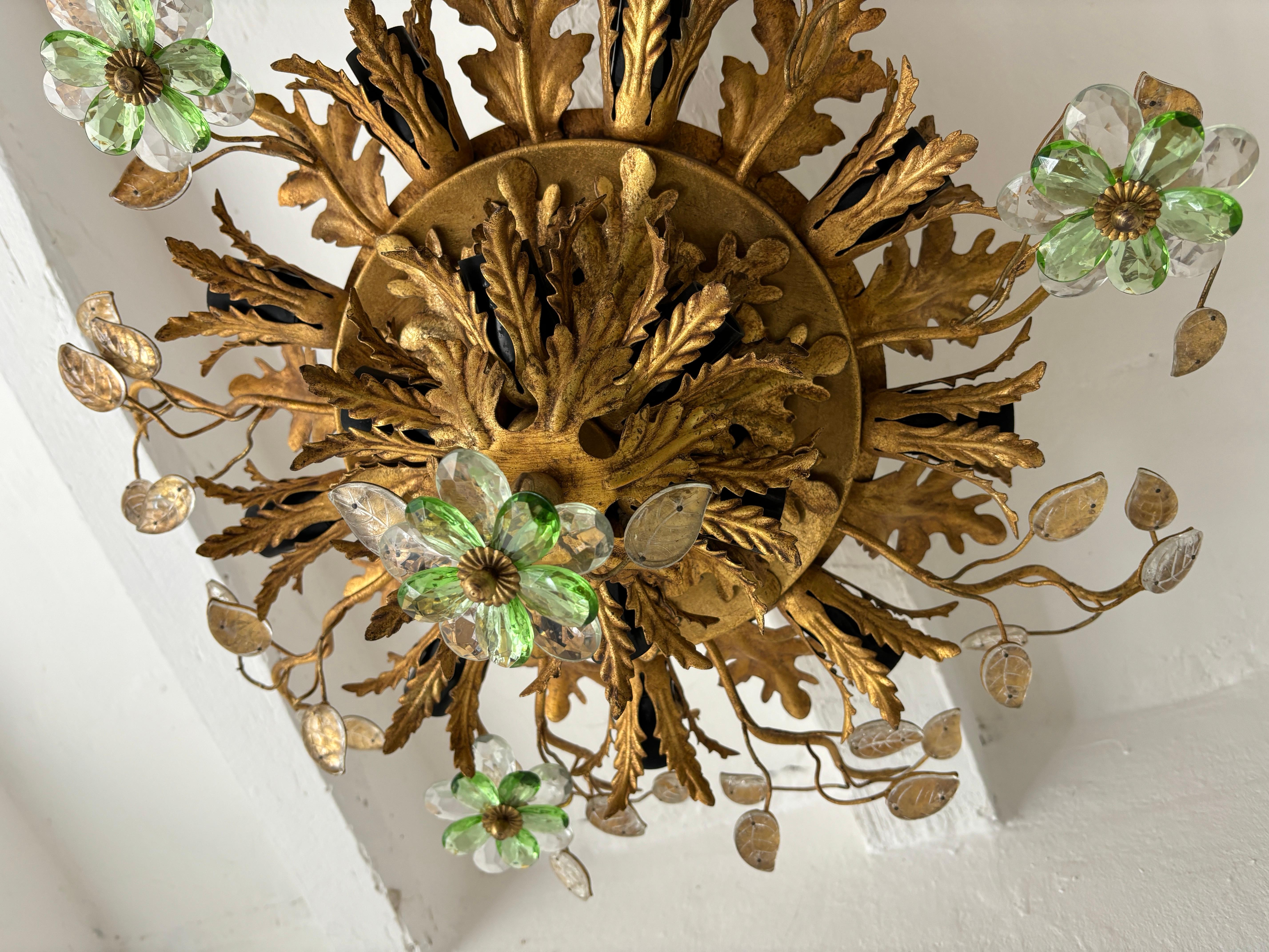 Flush Mount Maison Baguès Crystal Green Flowers Leaves Chandelier 15 Lights 6