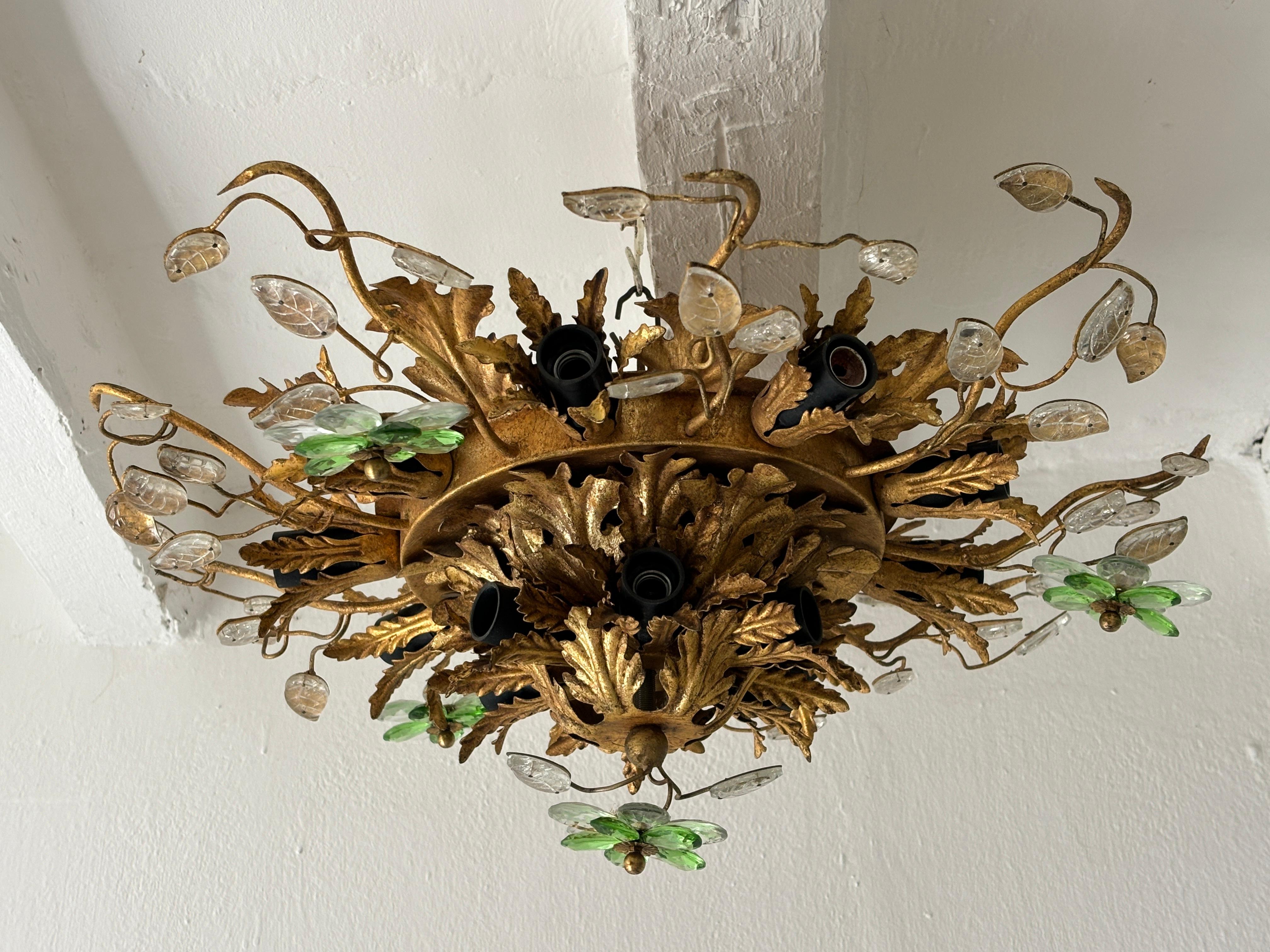 Flush Mount Maison Baguès Crystal Green Flowers Leaves Chandelier 15 Lights 7