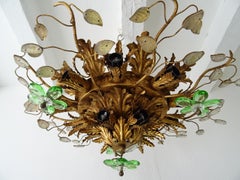 Flush Mount Maison Baguès Crystal Green Flowers Leaves Chandelier 15 Lights