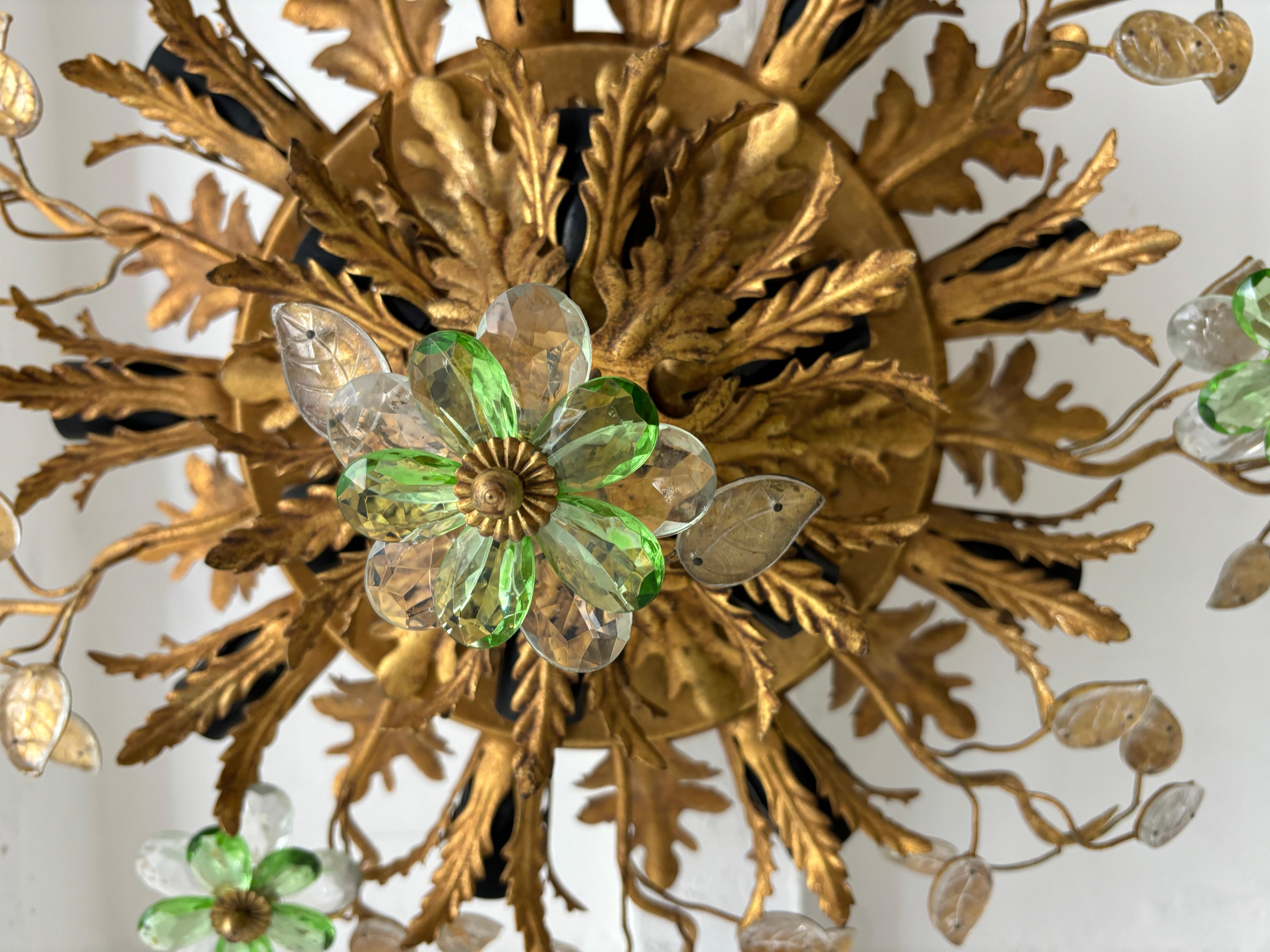 French Flush Mount Maison Baguès Crystal Green Flowers Leaves Chandelier 15 Lights