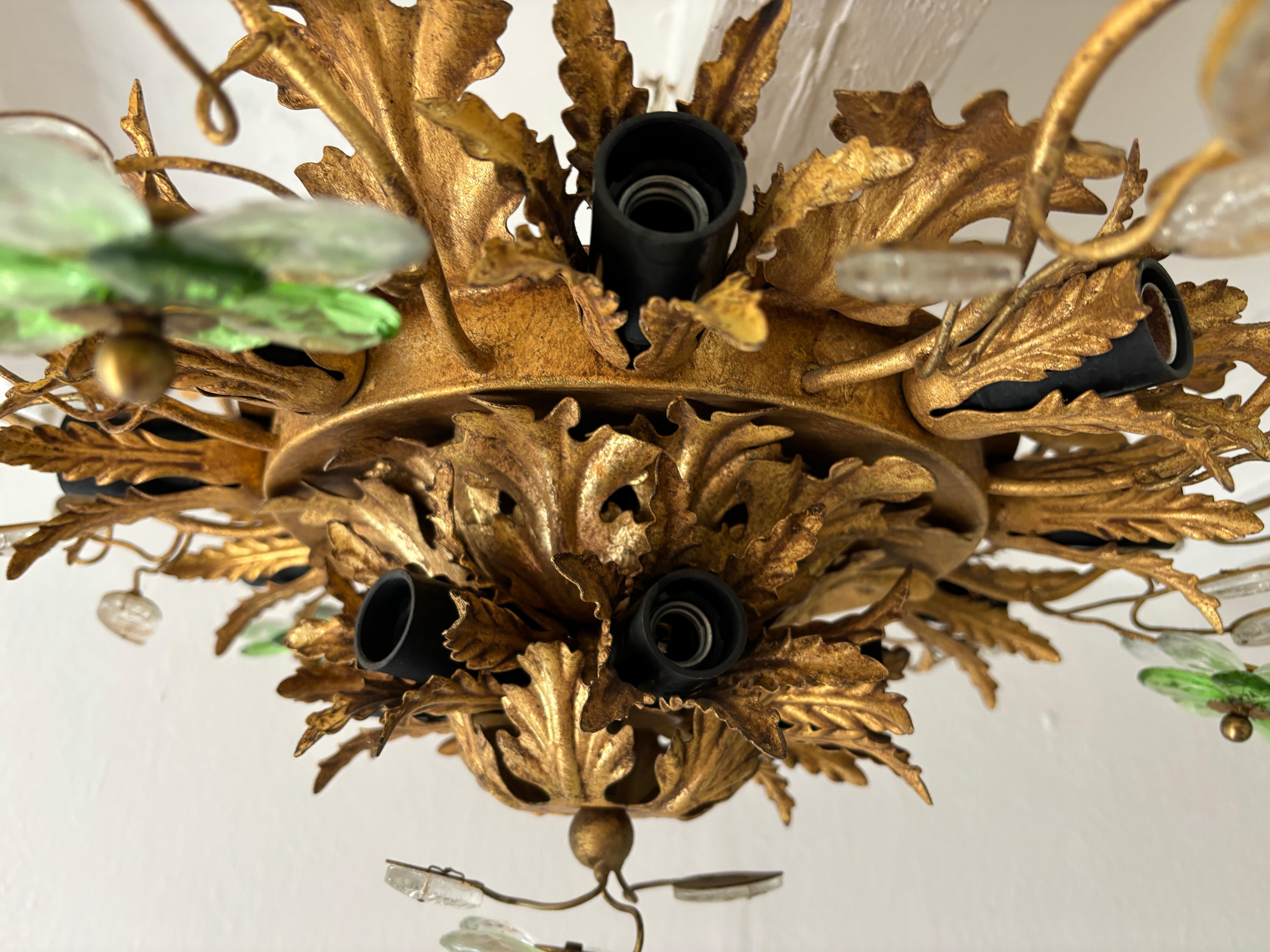 Flush Mount Maison Baguès Crystal Green Flowers Leaves Chandelier 15 Lights In Good Condition In Firenze, Toscana