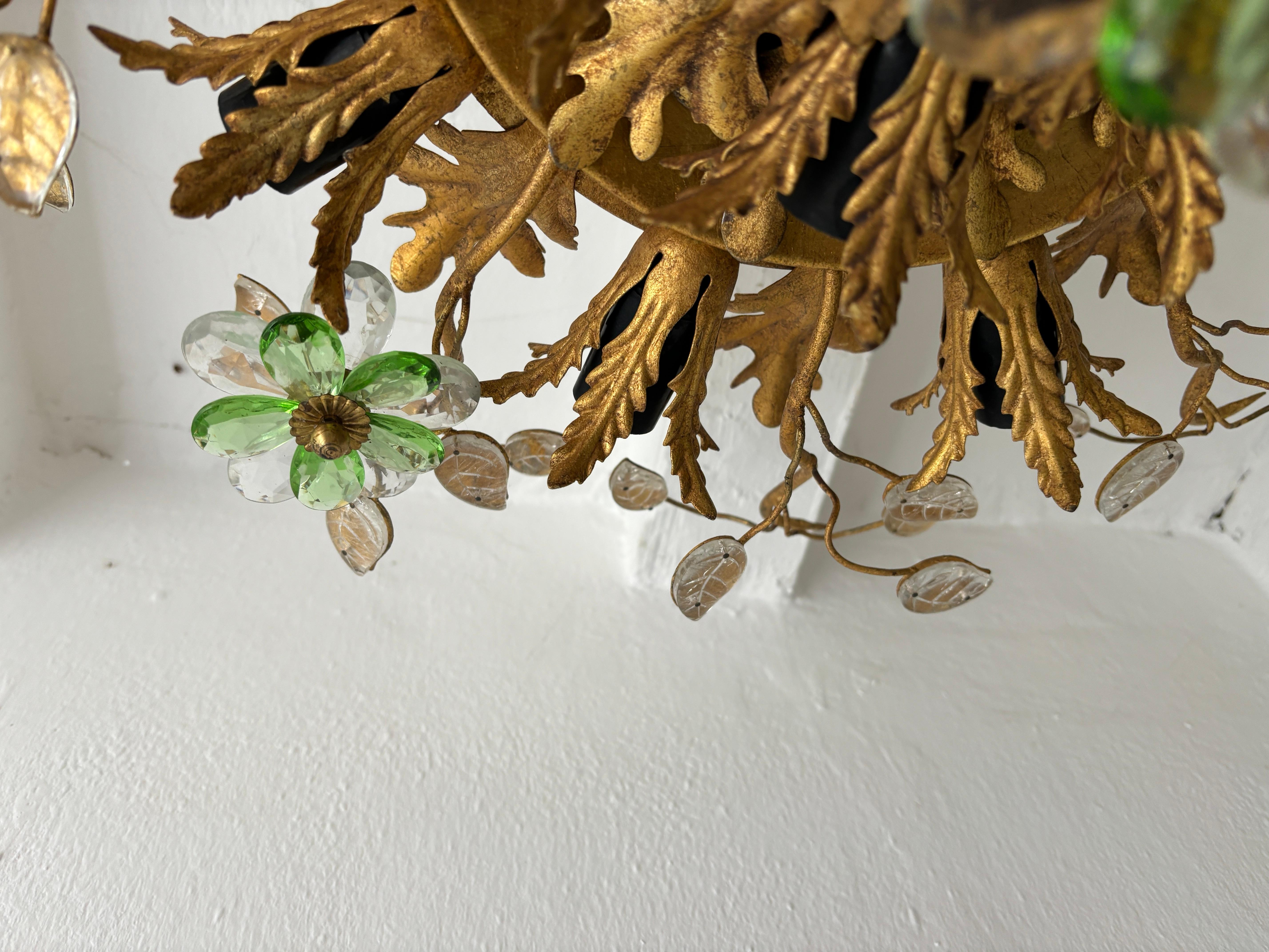 Mid-20th Century Flush Mount Maison Baguès Crystal Green Flowers Leaves Chandelier 15 Lights