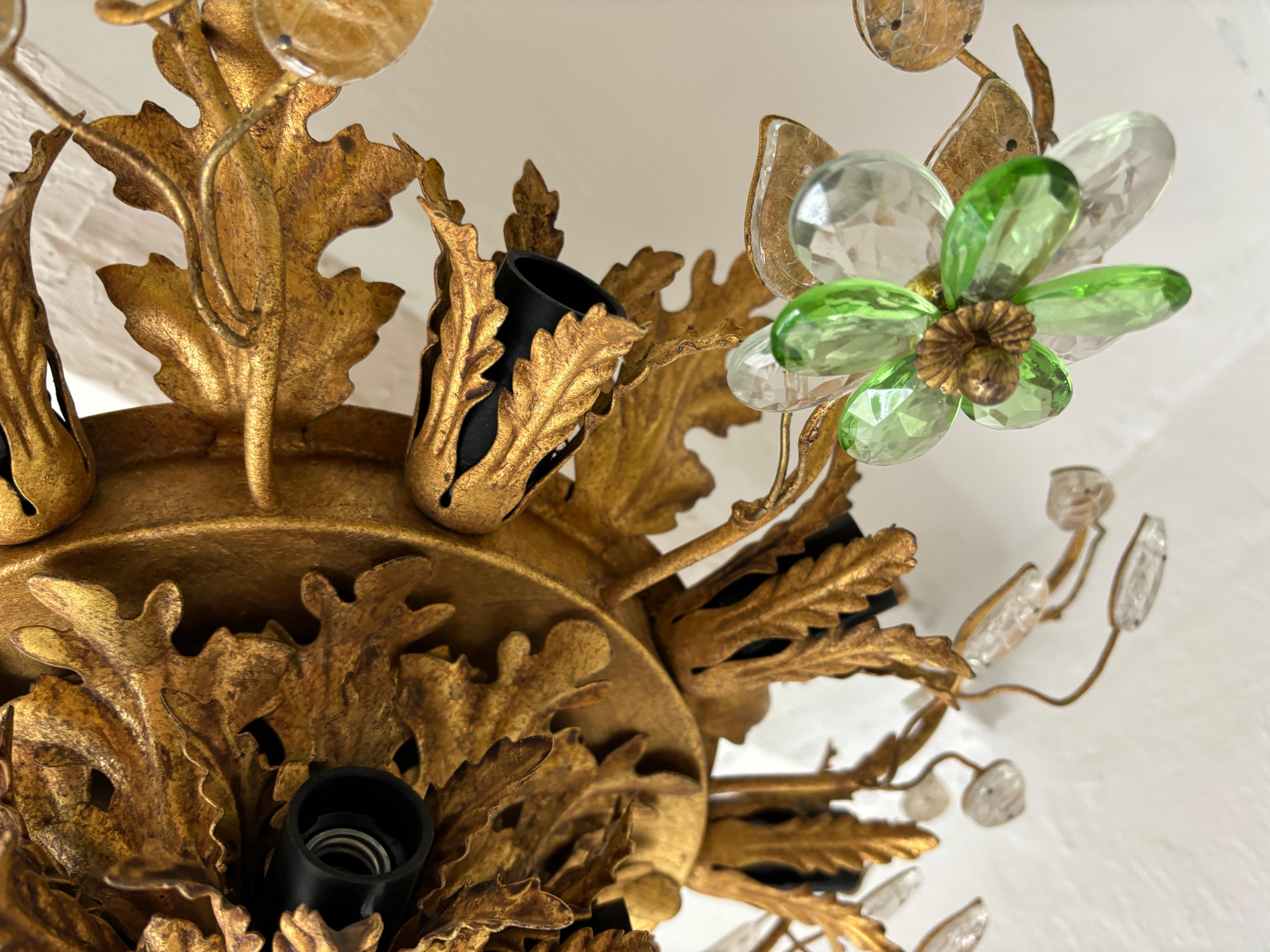 Flush Mount Maison Baguès Crystal Green Flowers Leaves Chandelier 15 Lights 2