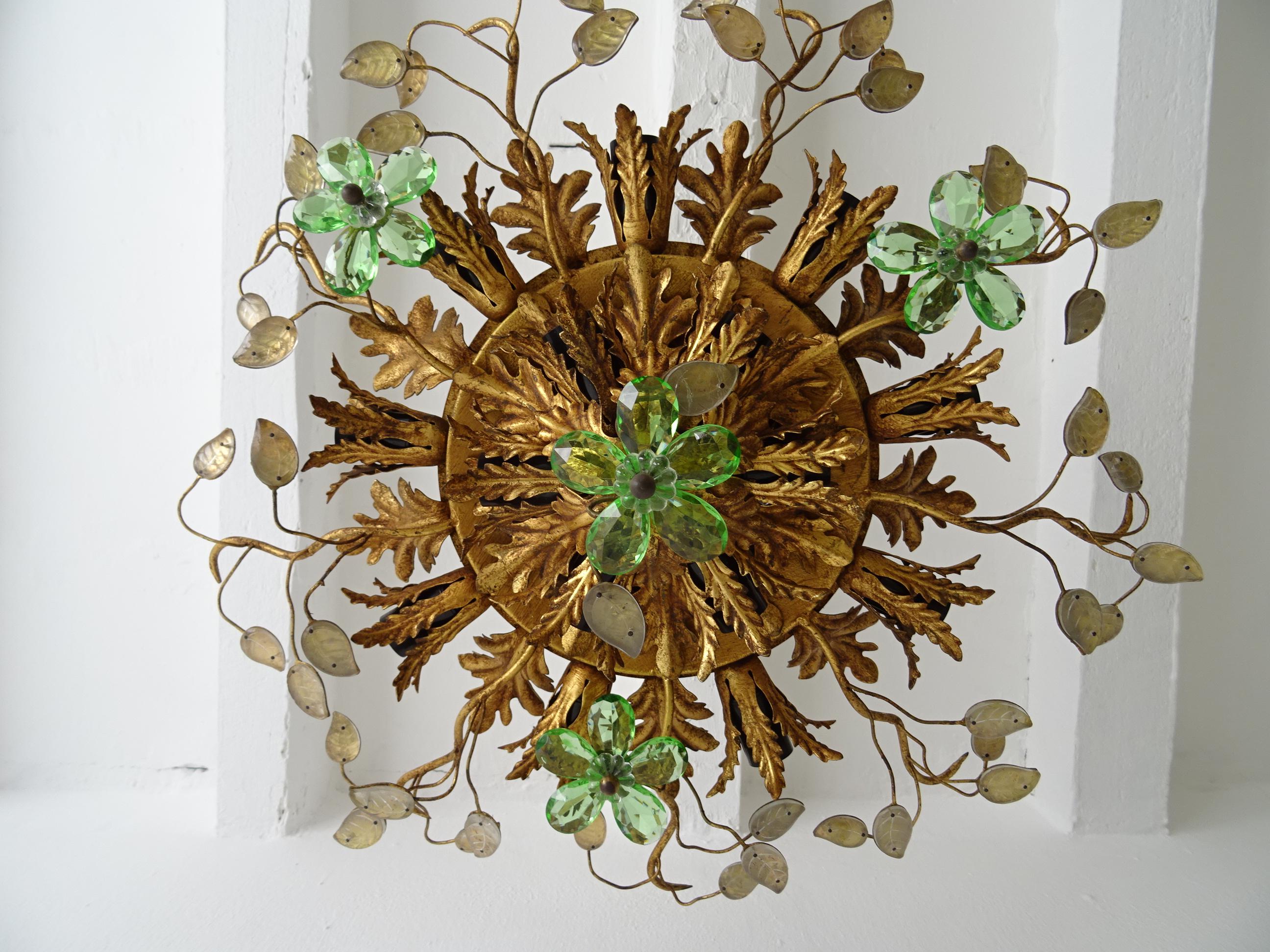 Flush Mount Maison Baguès Crystal Green Flowers Leaves Chandelier 15 Lights For Sale 3