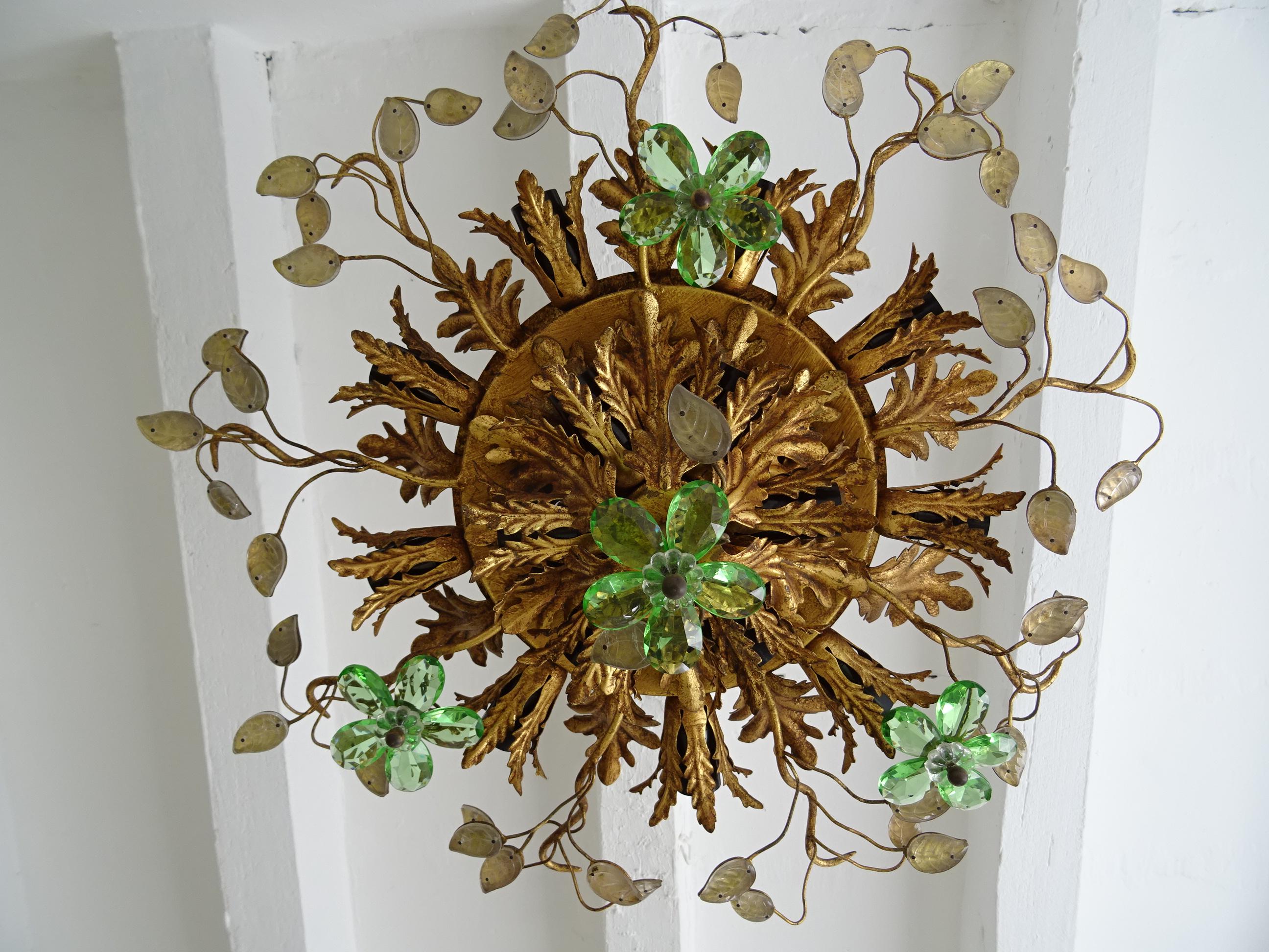 Flush Mount Maison Baguès Crystal Green Flowers Leaves Chandelier 15 Lights For Sale 4