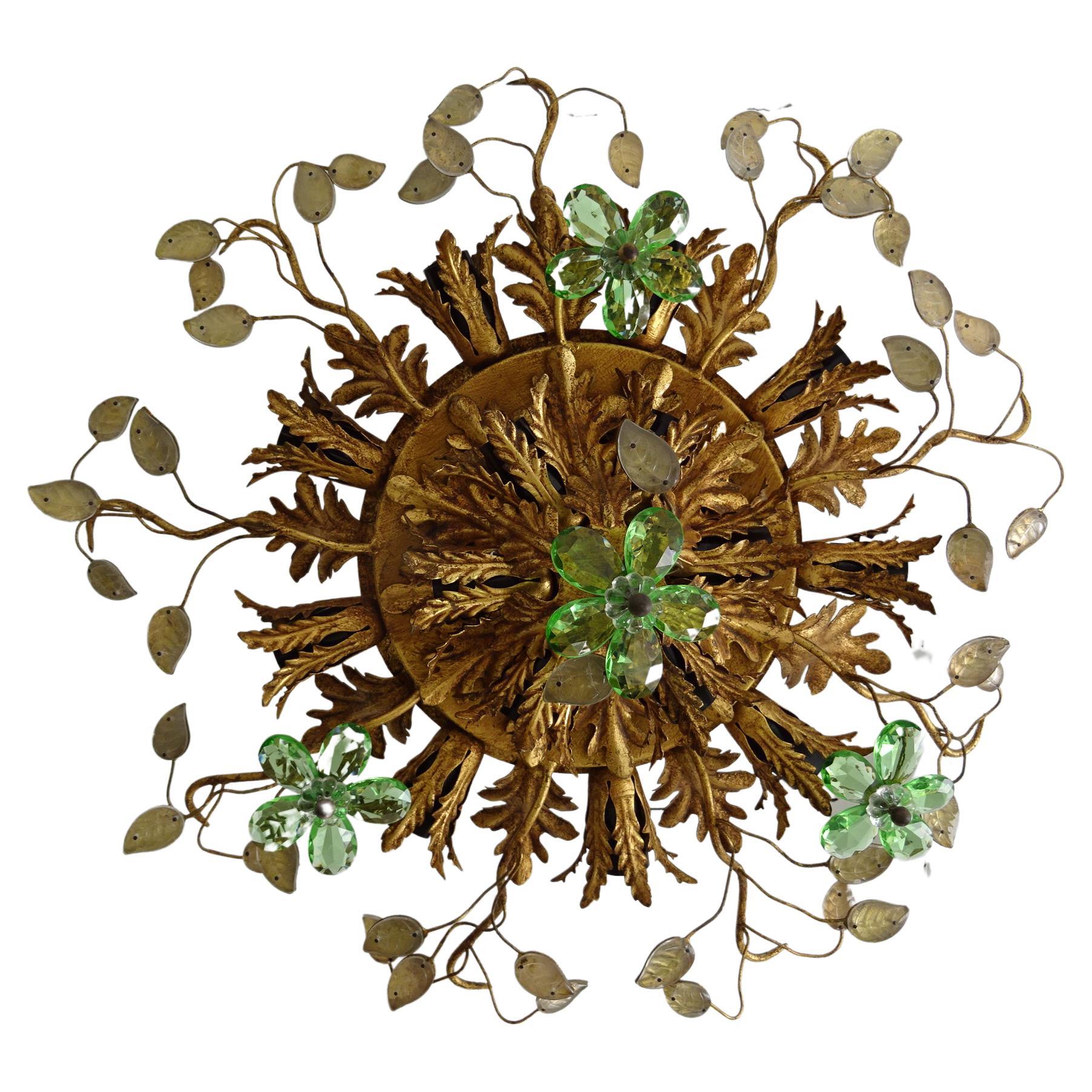Flush Mount Maison Baguès Crystal Green Flowers Leaves Chandelier 15 Lights