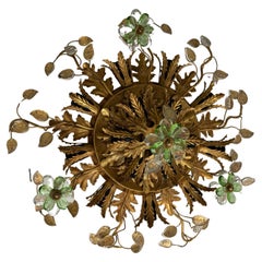 Vintage Flush Mount Maison Baguès Crystal Green Flowers Leaves Chandelier 15 Lights