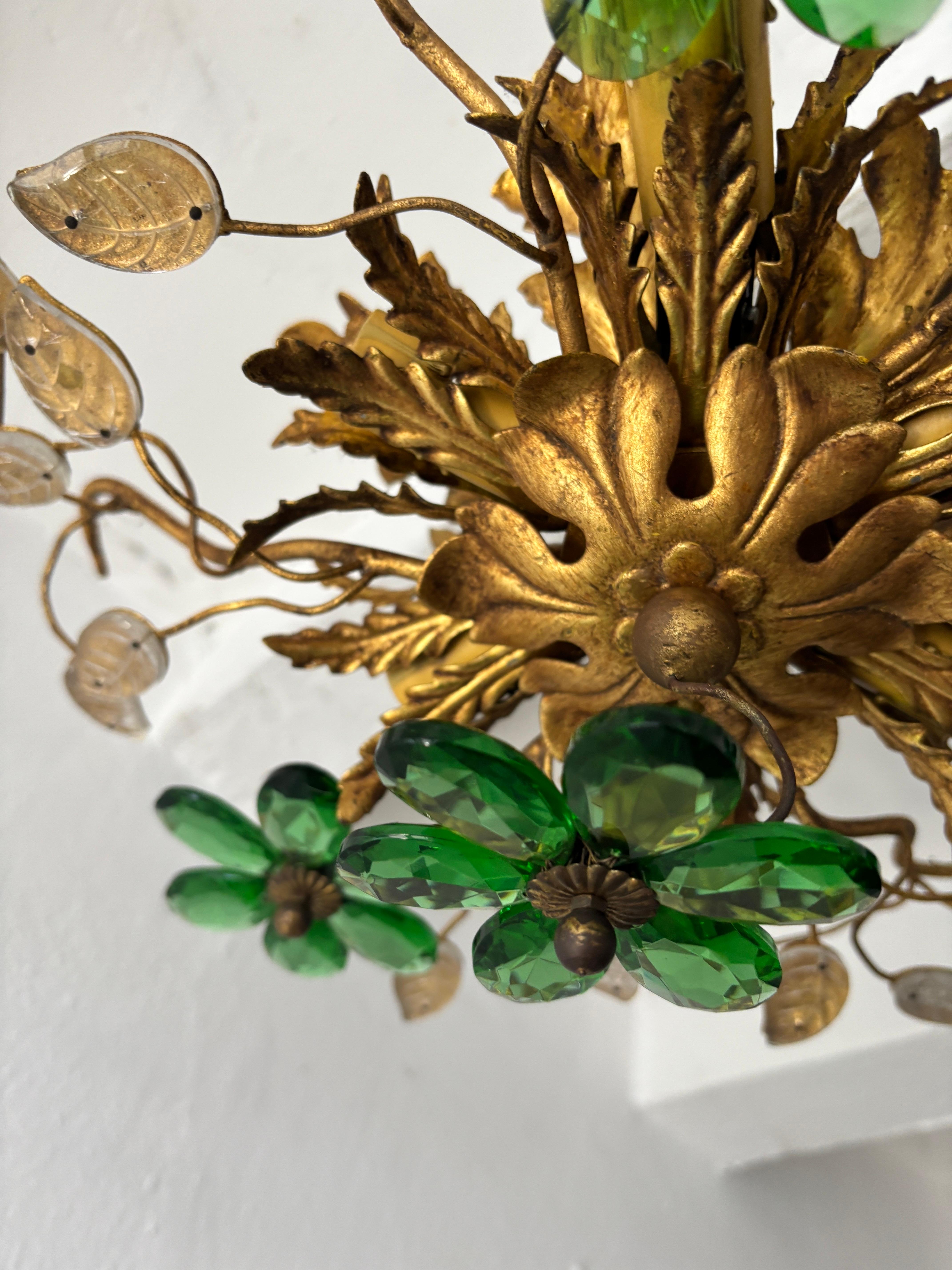 Lampadario a incasso Maison Baguès Crystal Green Flowers Leaves 6 Light Signed in vendita 4