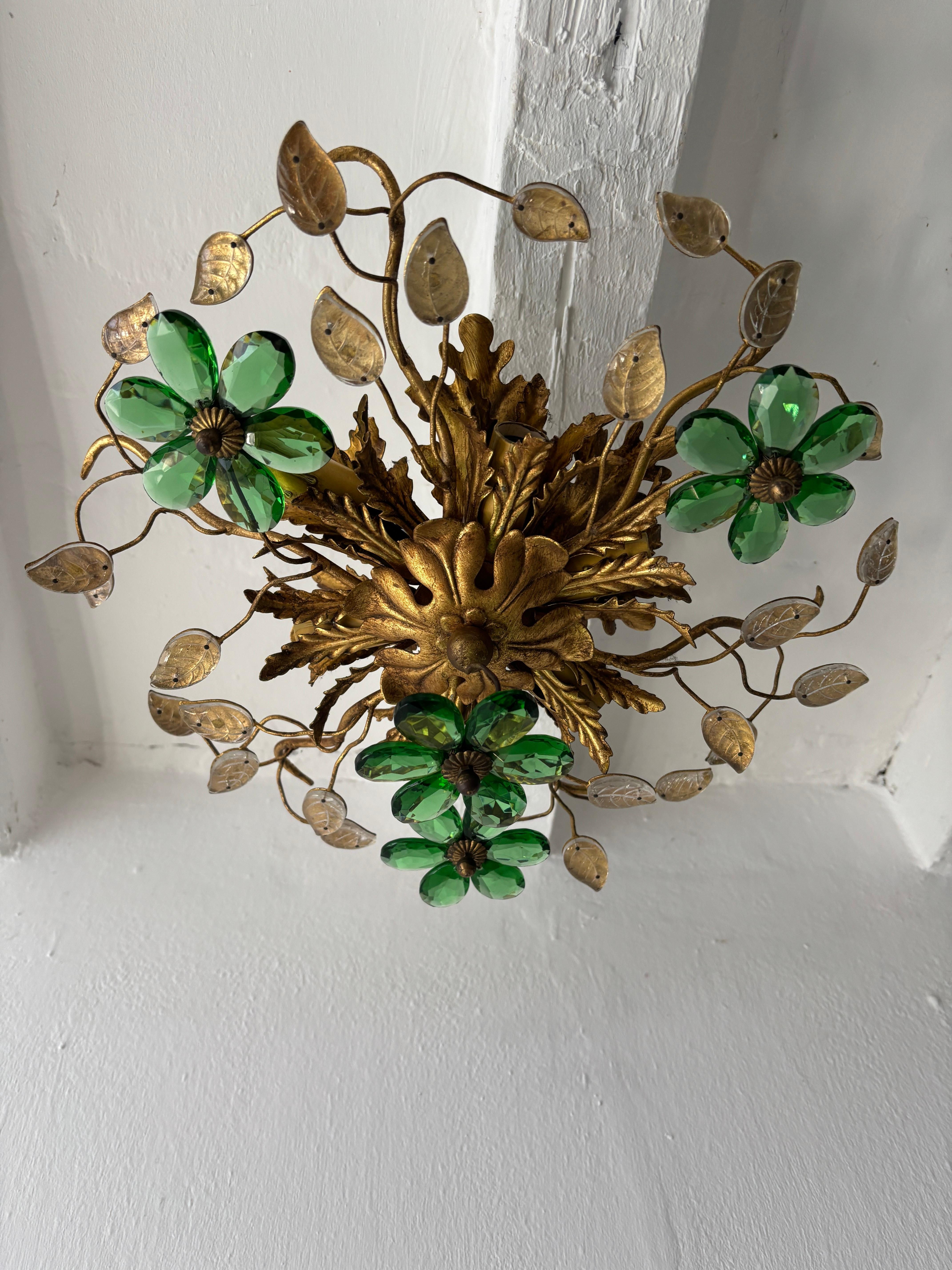 Lampadario a incasso Maison Baguès Crystal Green Flowers Leaves 6 Light Signed in vendita 5