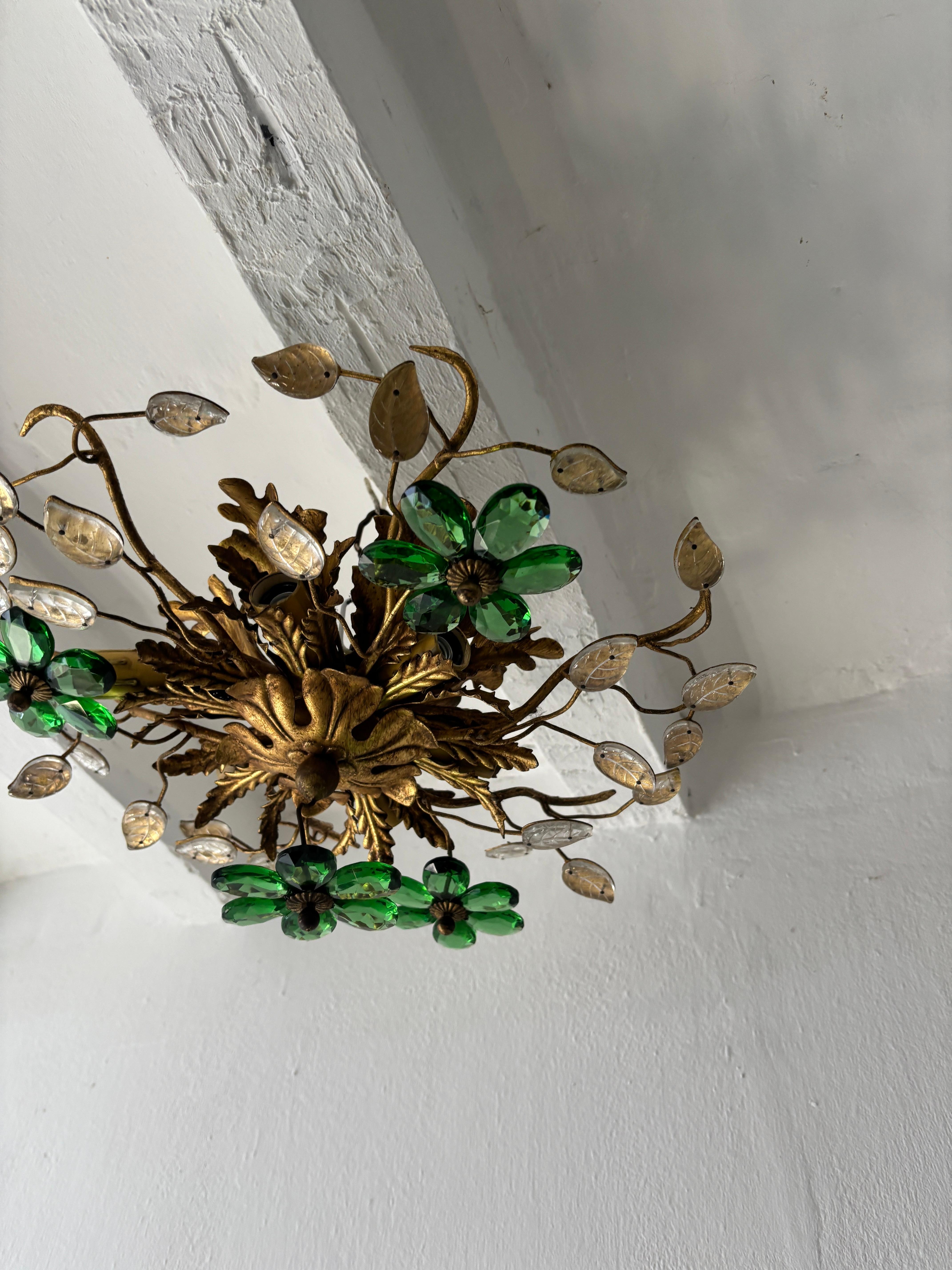 Lampadario a incasso Maison Baguès Crystal Green Flowers Leaves 6 Light Signed in vendita 6