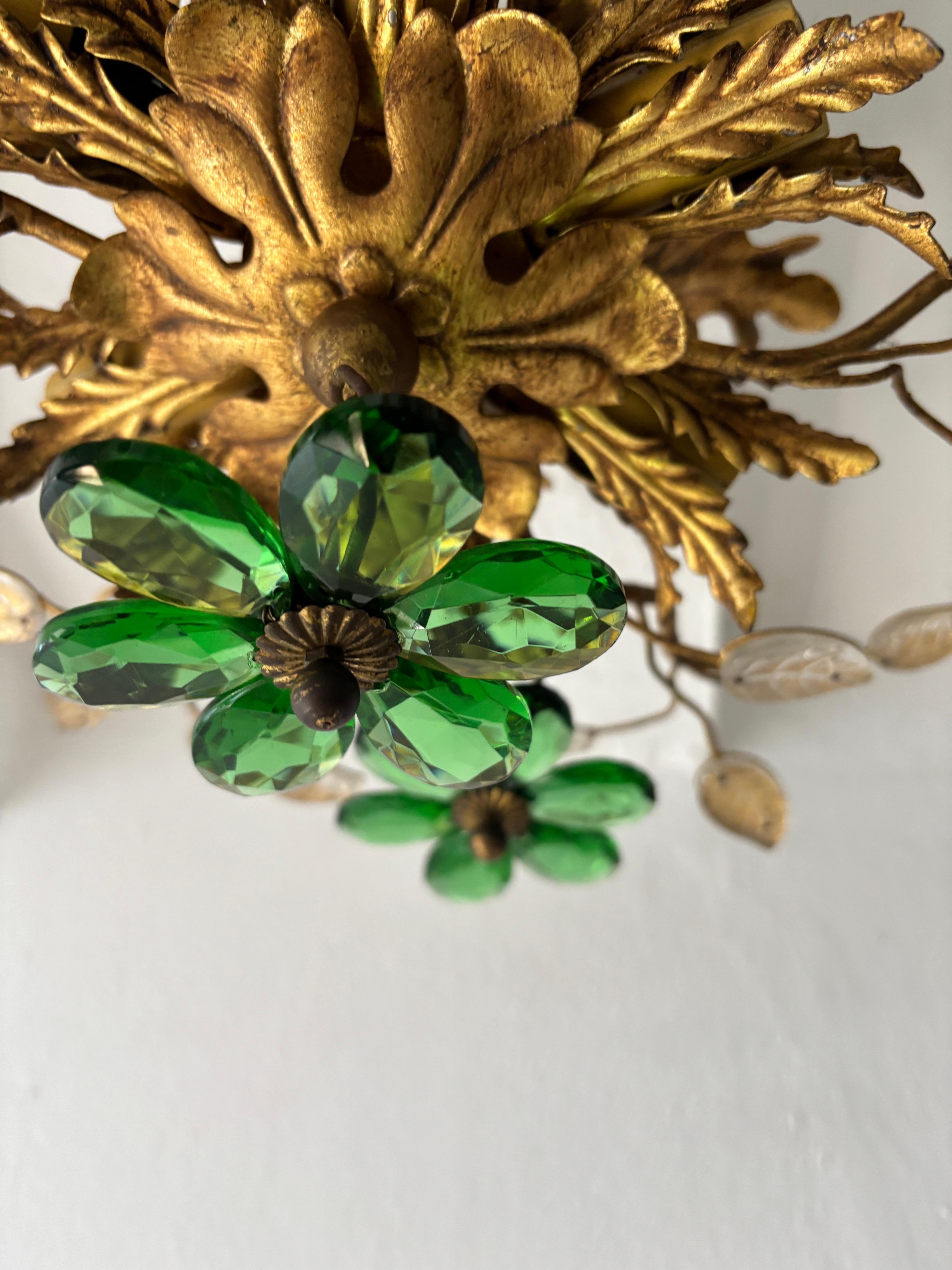 Francese Lampadario a incasso Maison Baguès Crystal Green Flowers Leaves 6 Light Signed in vendita