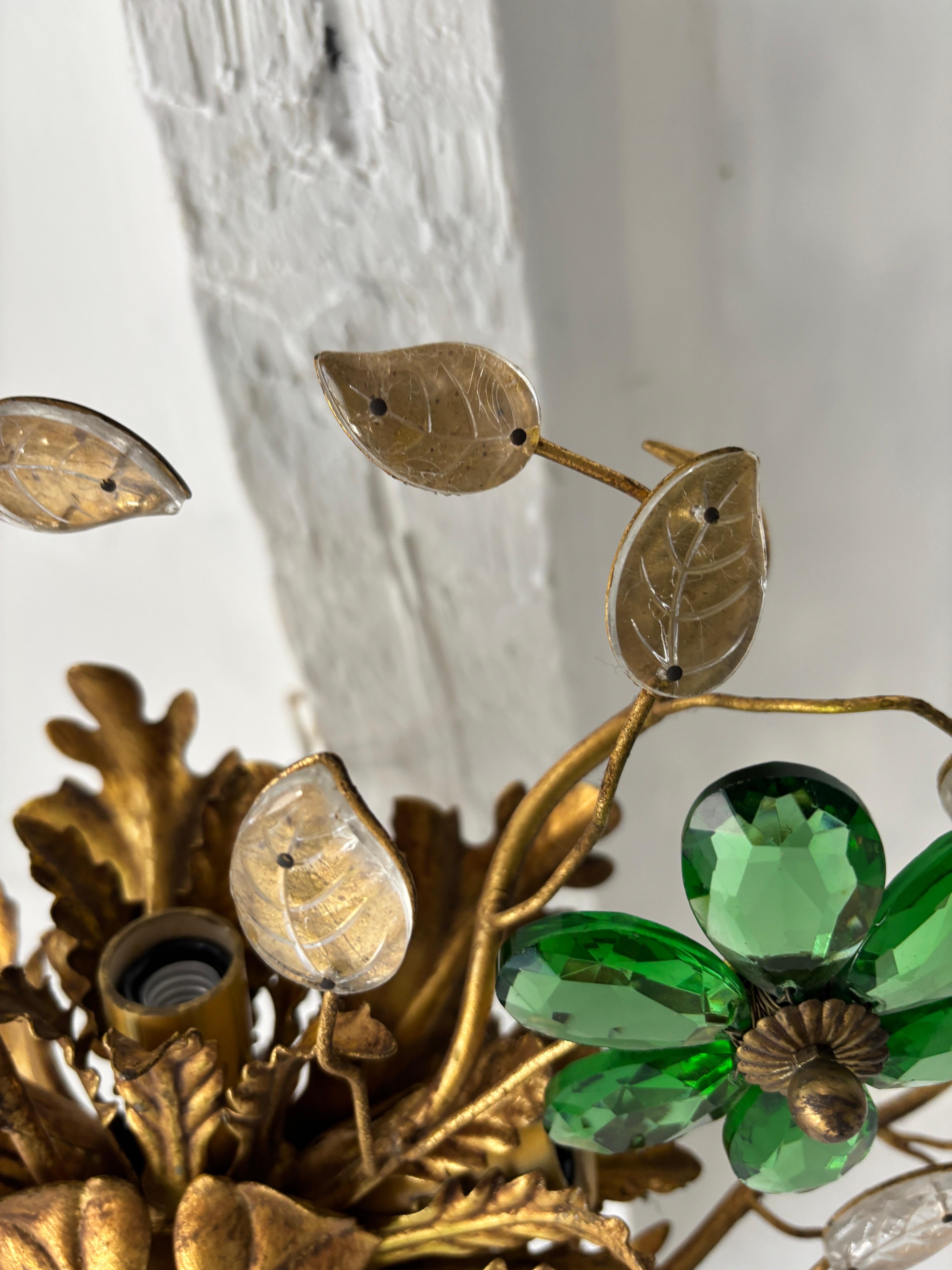 Lampadario a incasso Maison Baguès Crystal Green Flowers Leaves 6 Light Signed In condizioni buone in vendita a Firenze, Toscana