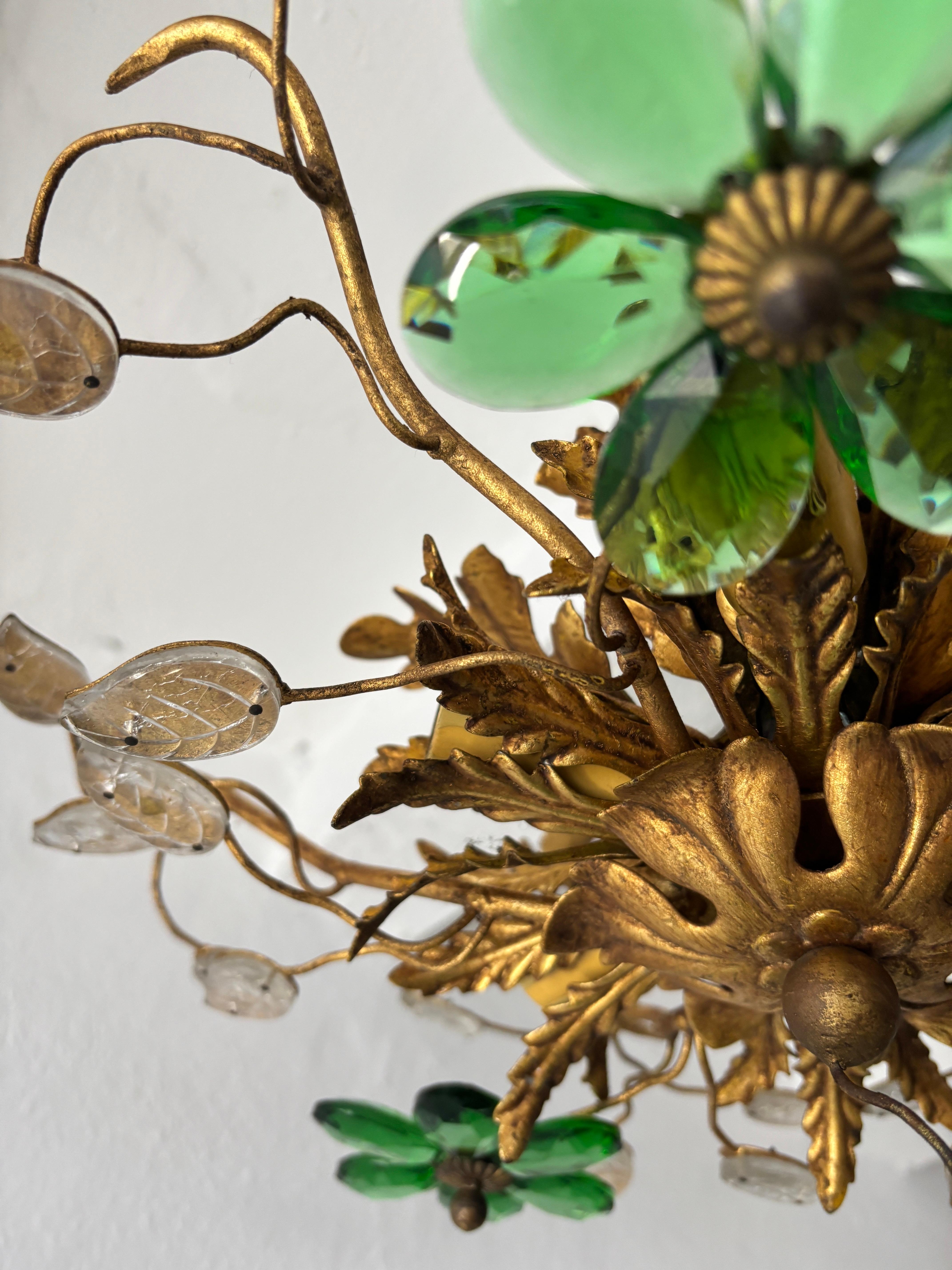 Cristallo Lampadario a incasso Maison Baguès Crystal Green Flowers Leaves 6 Light Signed in vendita