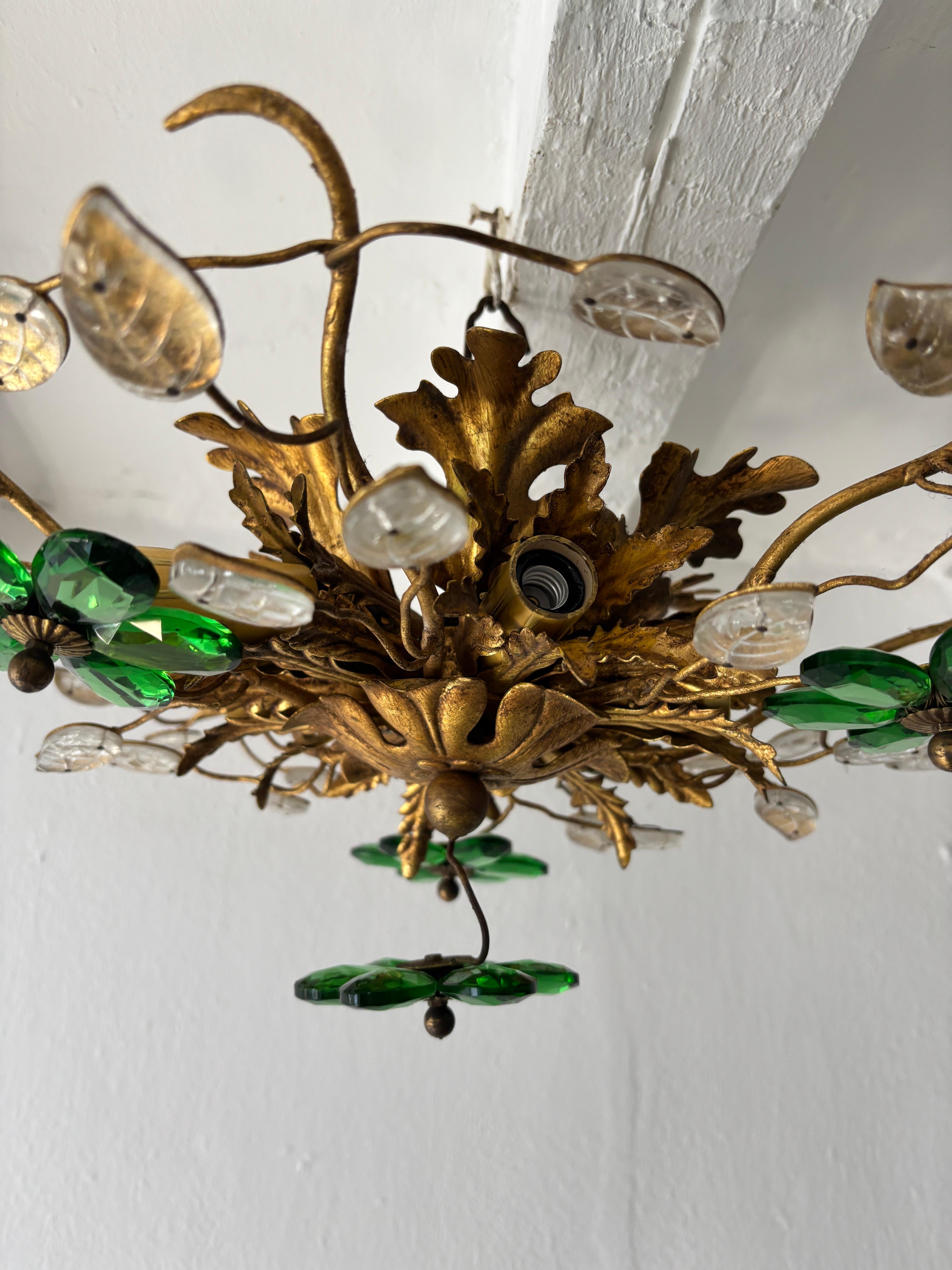 Lampadario a incasso Maison Baguès Crystal Green Flowers Leaves 6 Light Signed in vendita 1