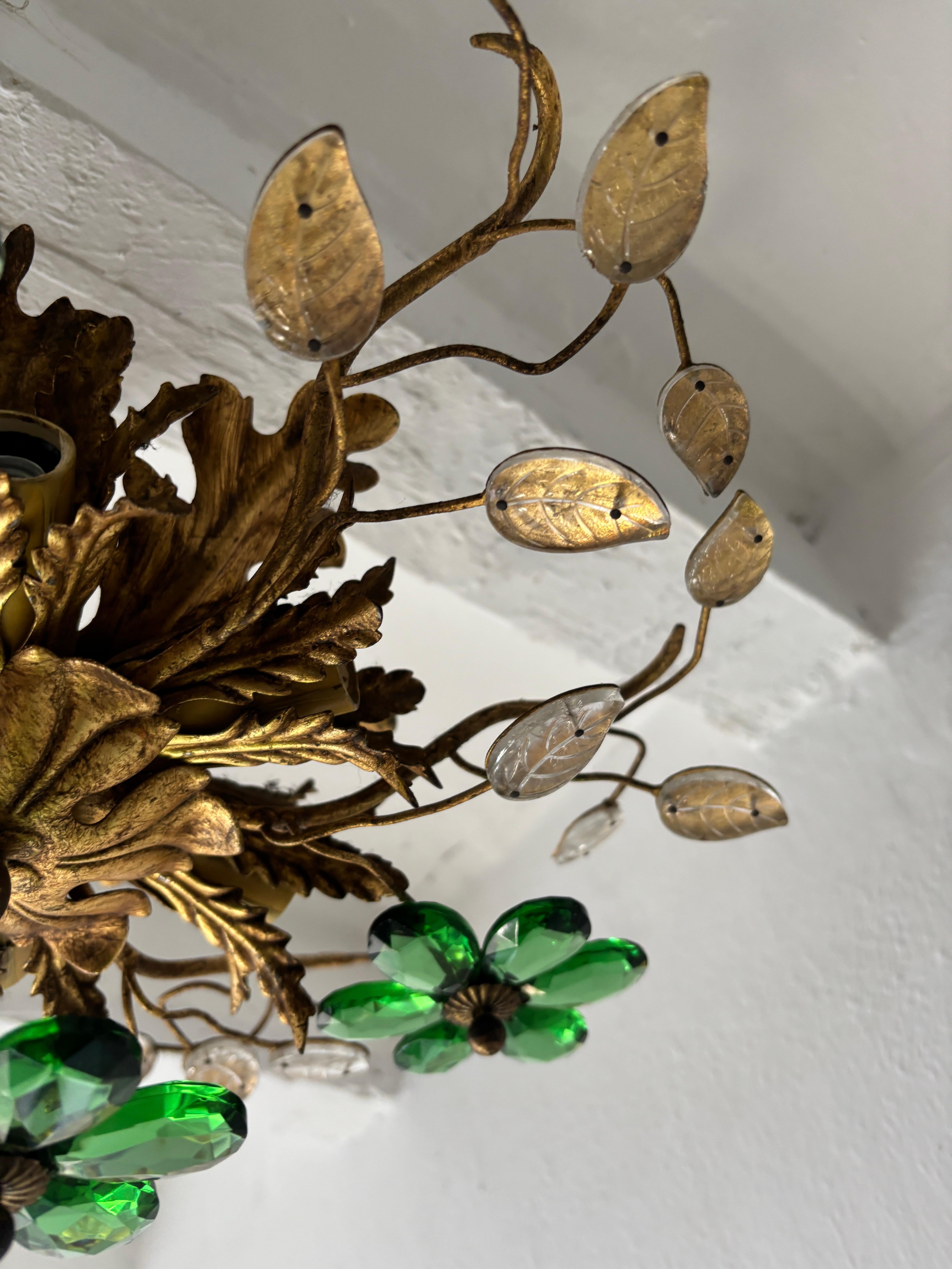 Lampadario a incasso Maison Baguès Crystal Green Flowers Leaves 6 Light Signed in vendita 2