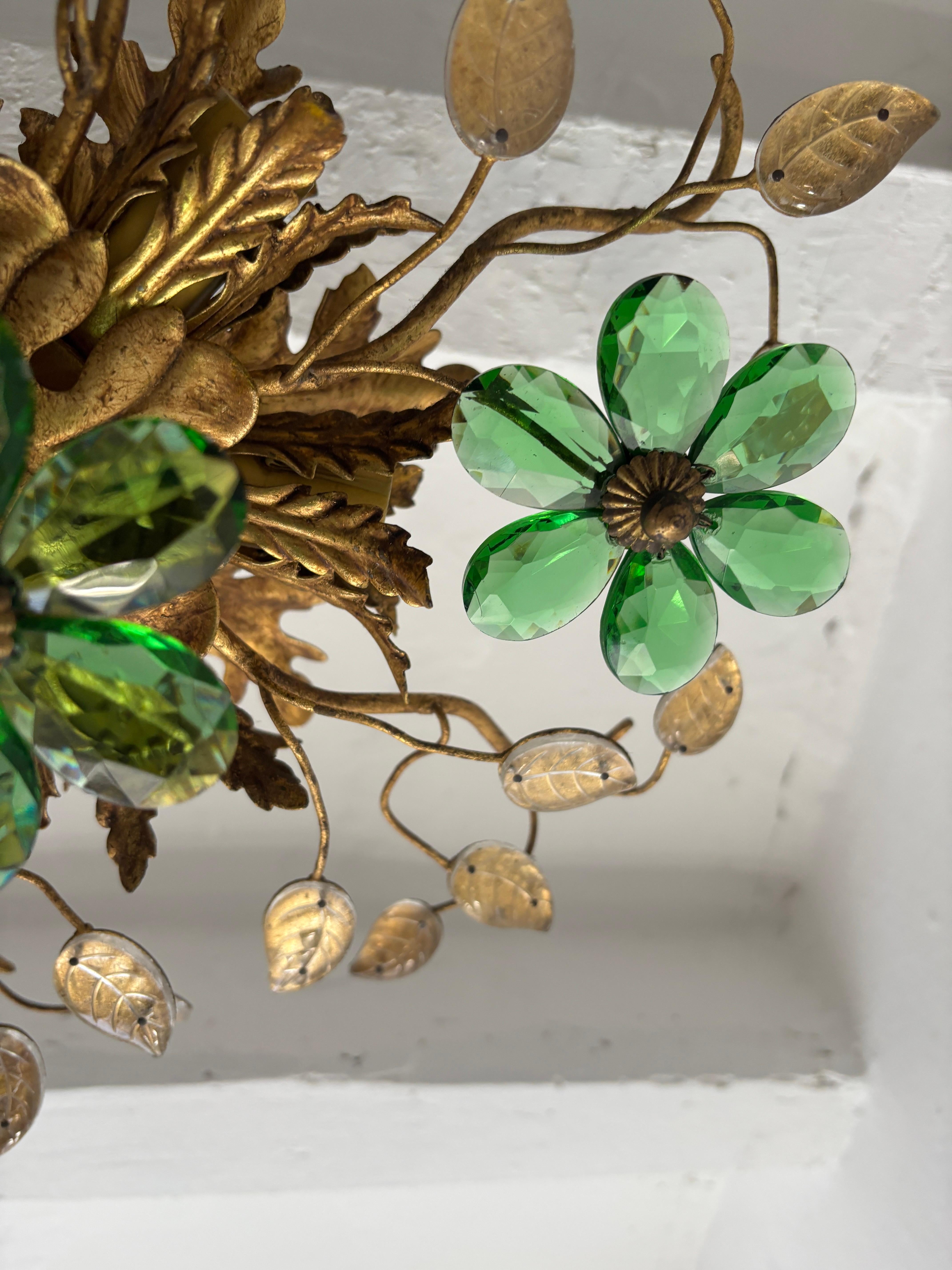 Lampadario a incasso Maison Baguès Crystal Green Flowers Leaves 6 Light Signed in vendita 3
