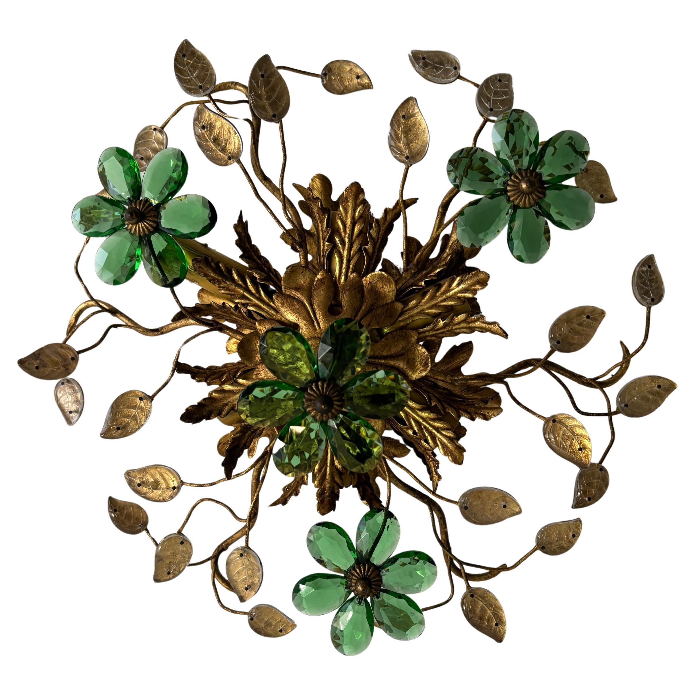 Lampadario a incasso Maison Baguès Crystal Green Flowers Leaves 6 Light Signed