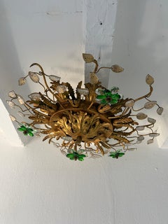Flush Mount Maison Baguès Crystal Green Flowers Leaves Chandelier 9 Lights