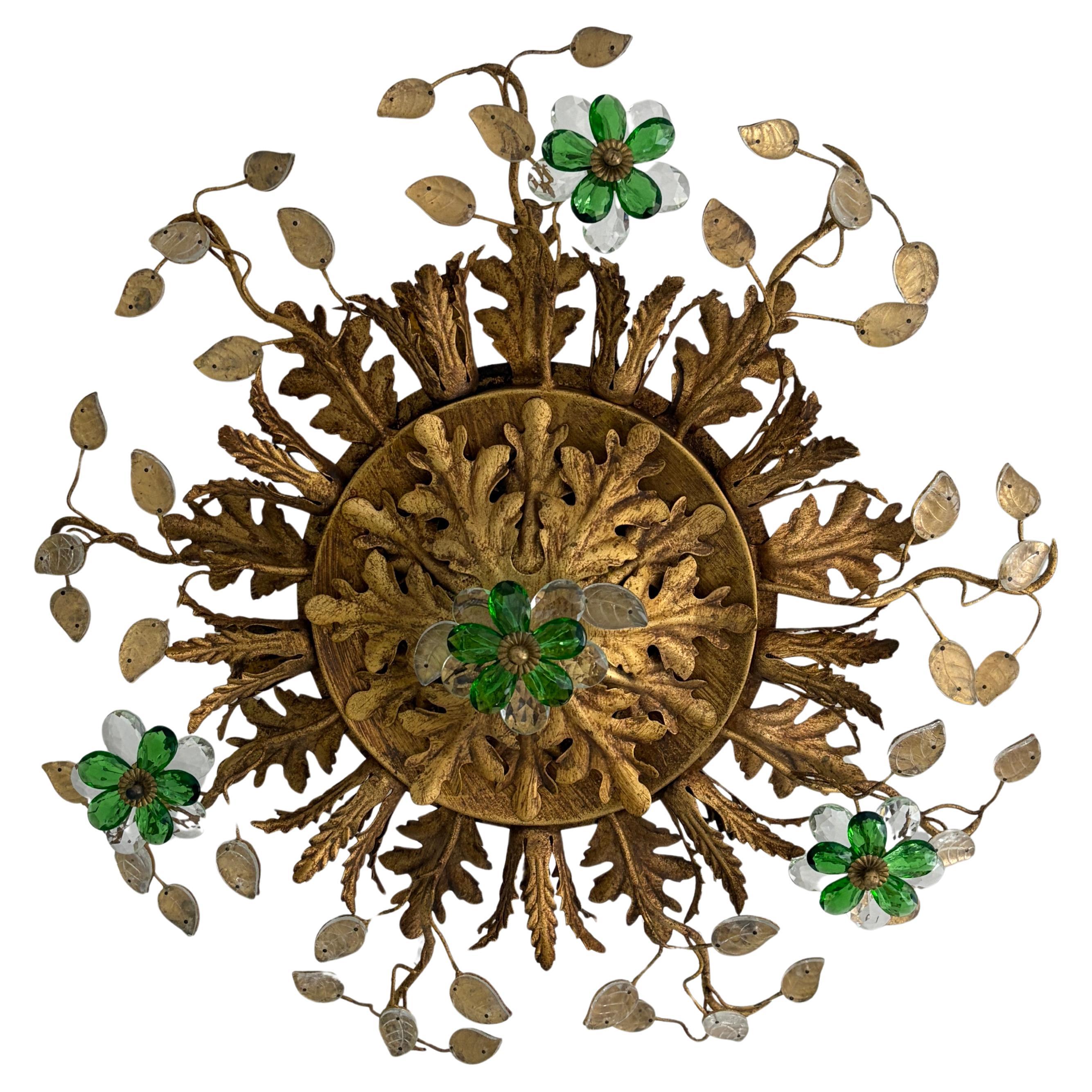 Flush Mount Maison Baguès Crystal Green Flowers Leaves Kronleuchter 9 Lights im Angebot