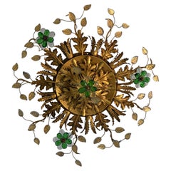 Flush Mount Maison Baguès Crystal Green Flowers Leaves Chandelier 9 Lights