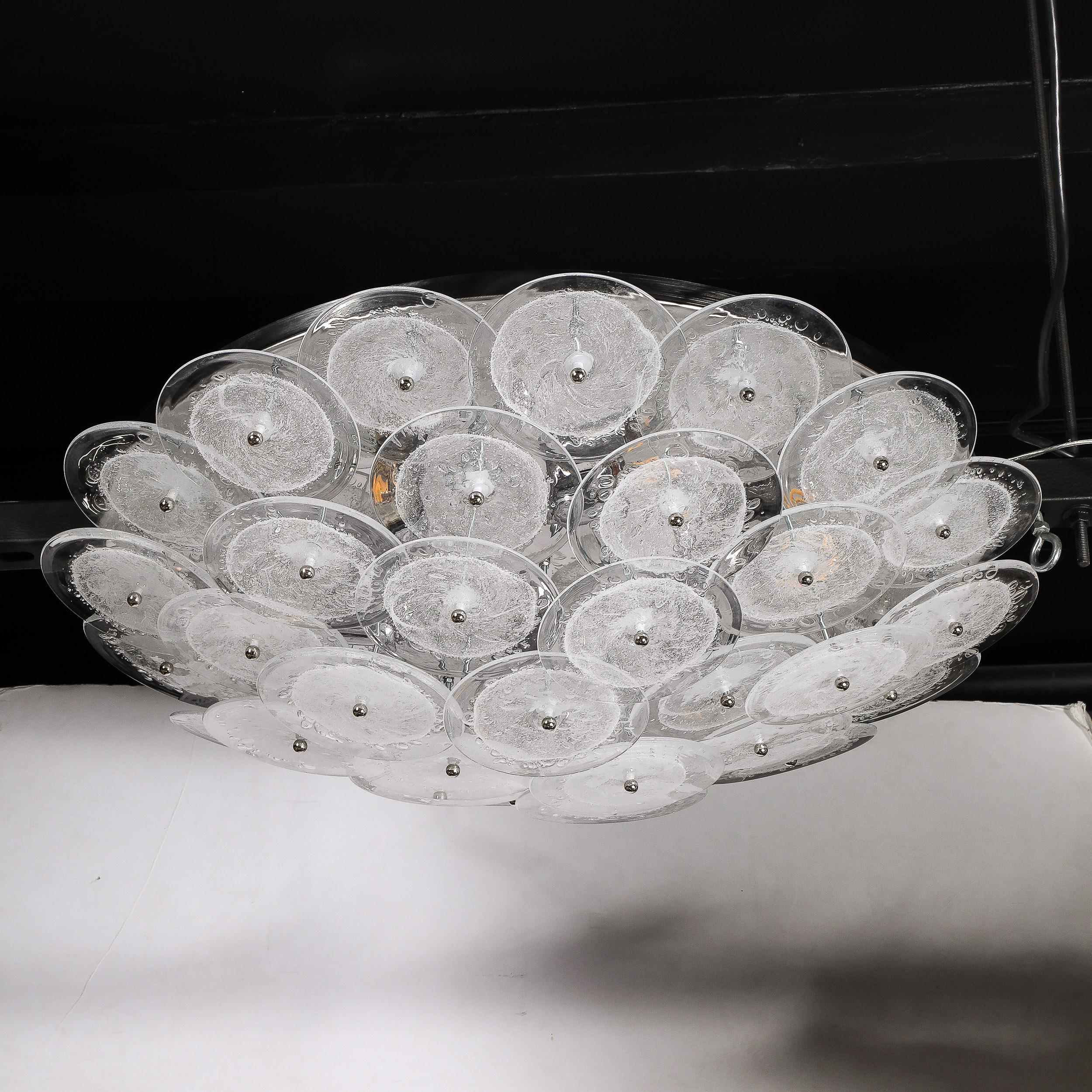 Italian Flush Mount Murano Disc Chandelier in Clear Glass and Chrome Frame For Sale