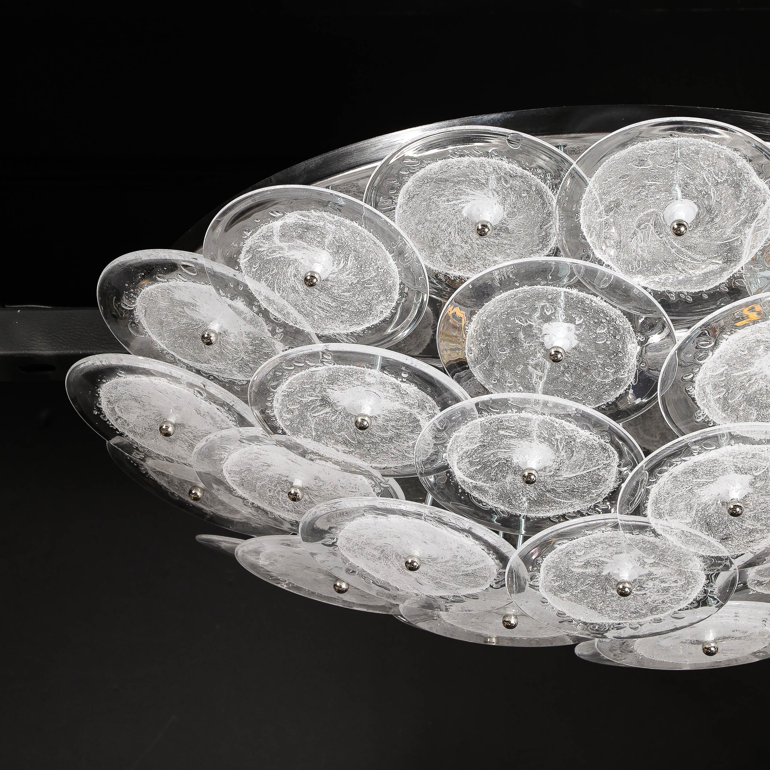 Contemporary Flush Mount Murano Disc Chandelier in Clear Glass and Chrome Frame For Sale