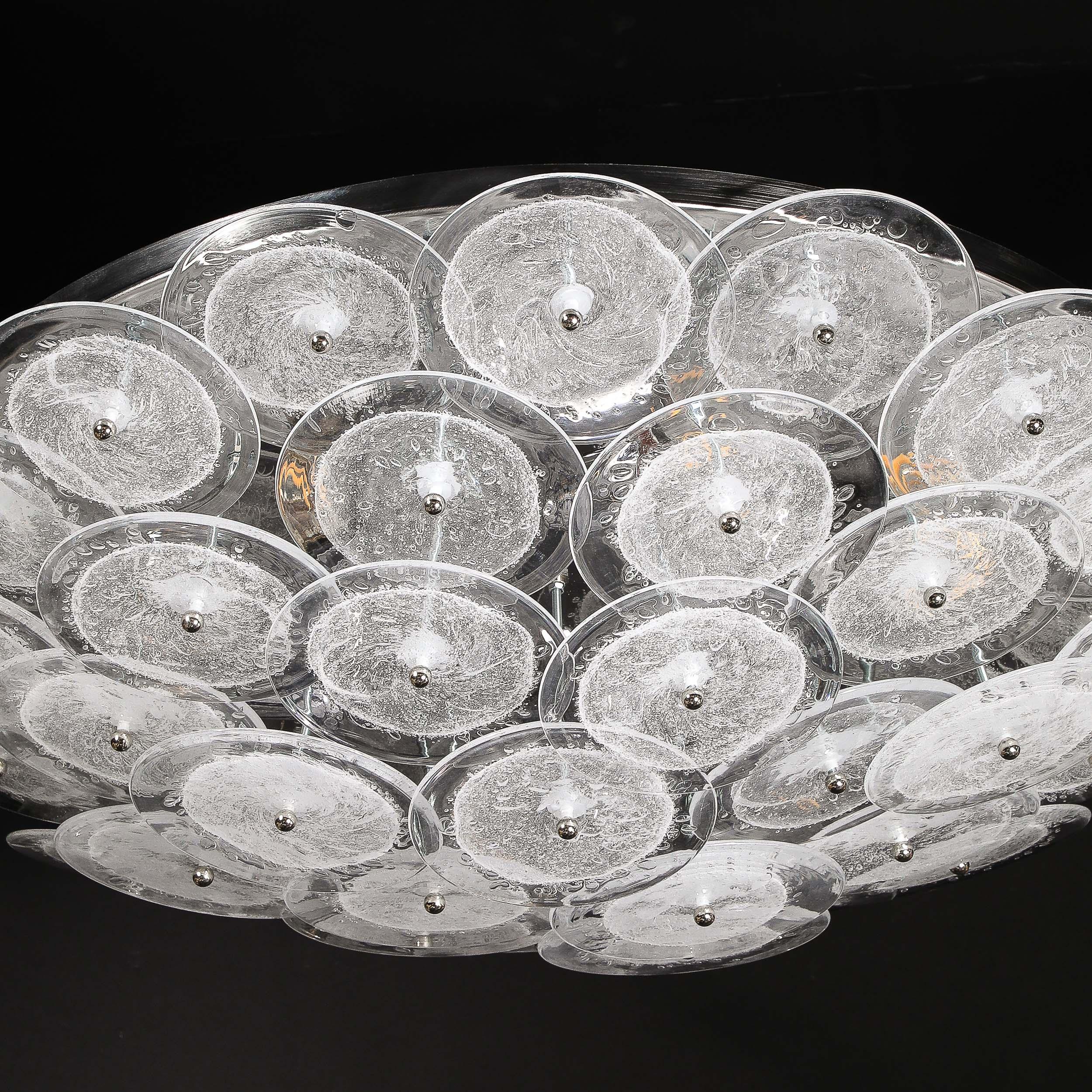Flush Mount Murano Disc Chandelier in Clear Glass and Chrome Frame For Sale 1