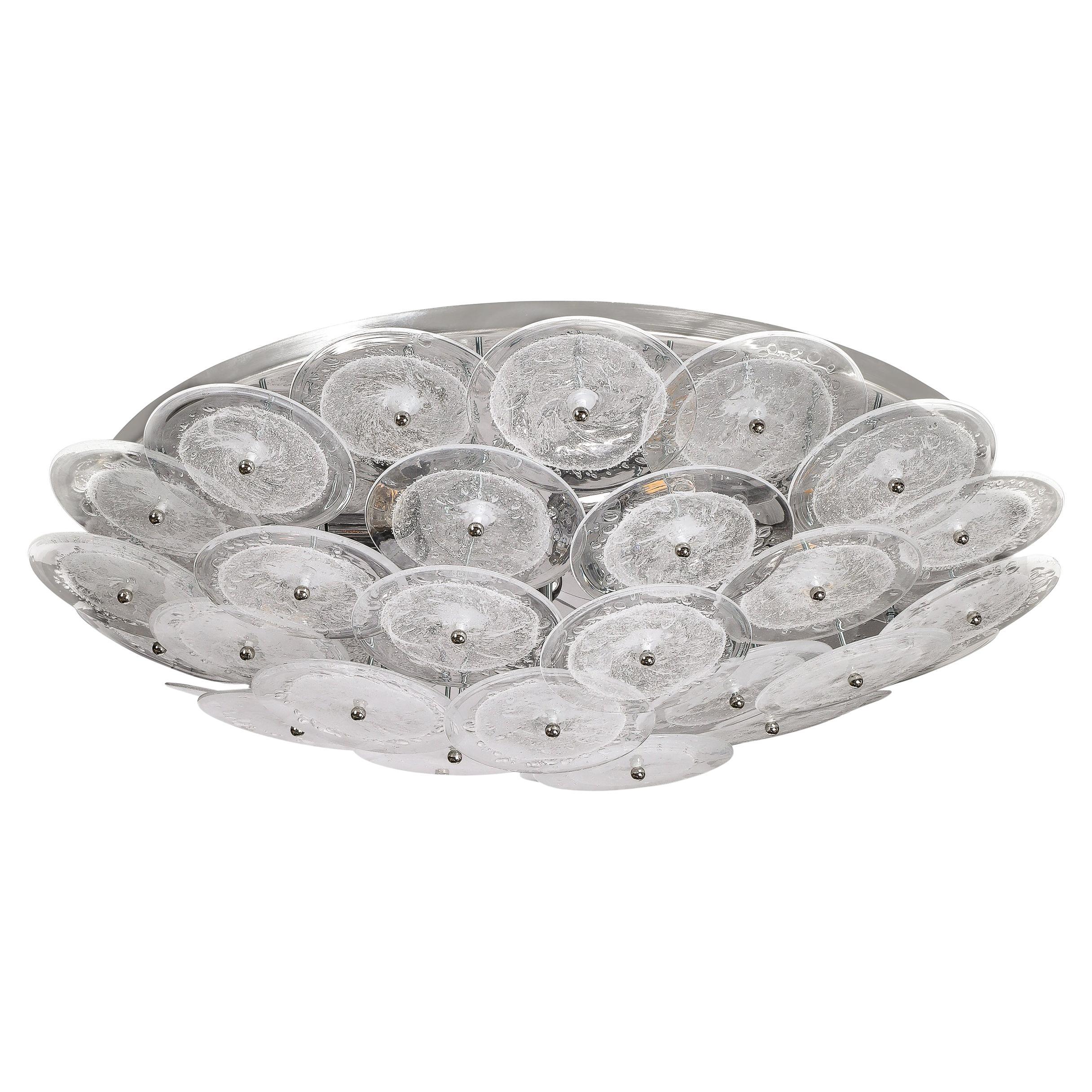 Flush Mount Murano Disc Chandelier in Clear Glass and Chrome Frame For Sale