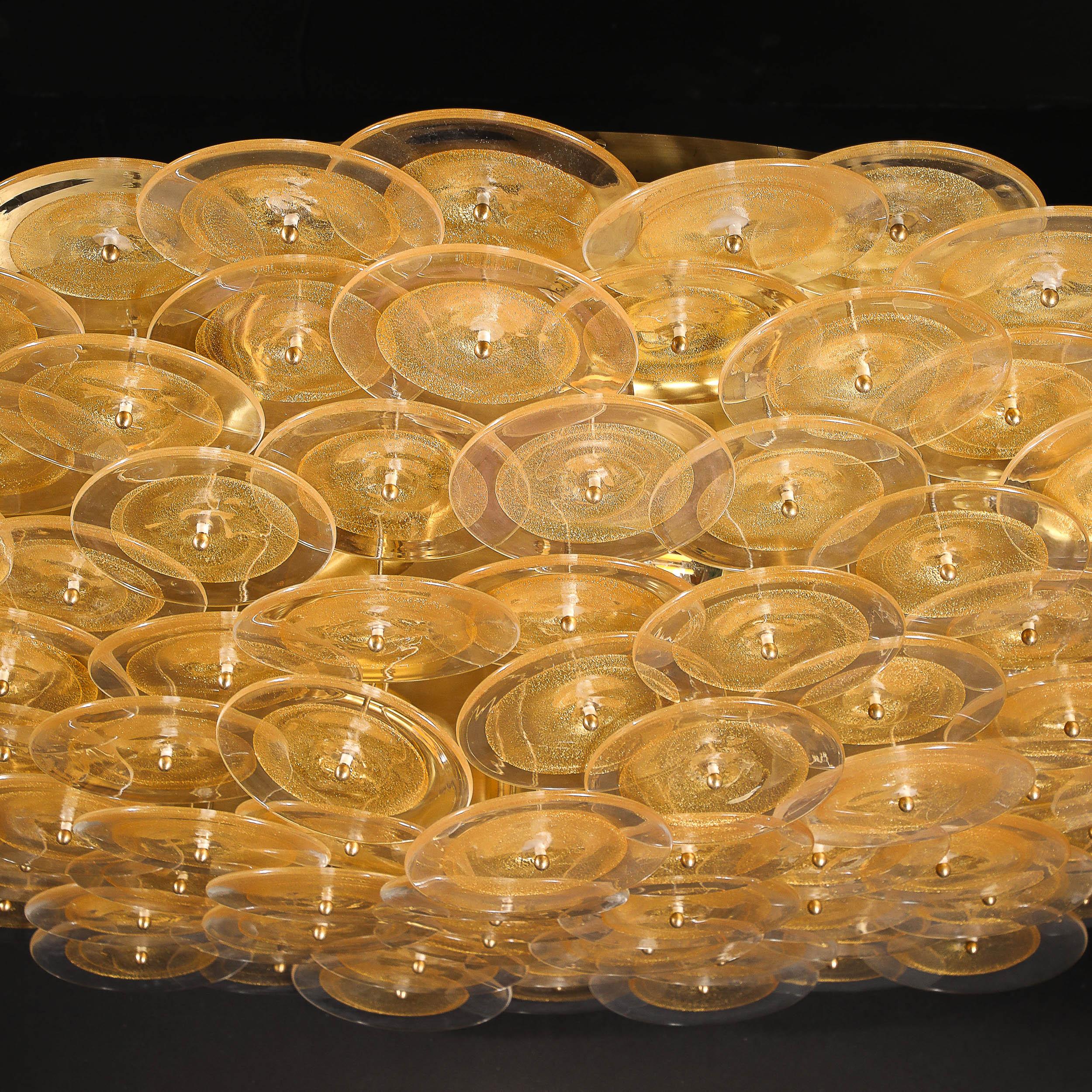 Lustre à disques de Murano en verre doré et transparent et laiton brossé en vente 4