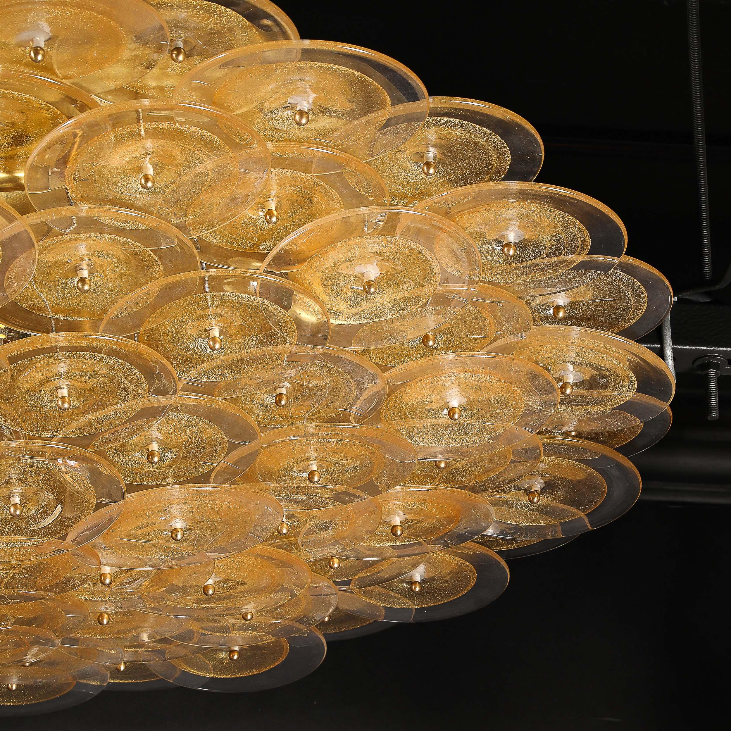 Lustre à disques de Murano en verre doré et transparent et laiton brossé en vente 5