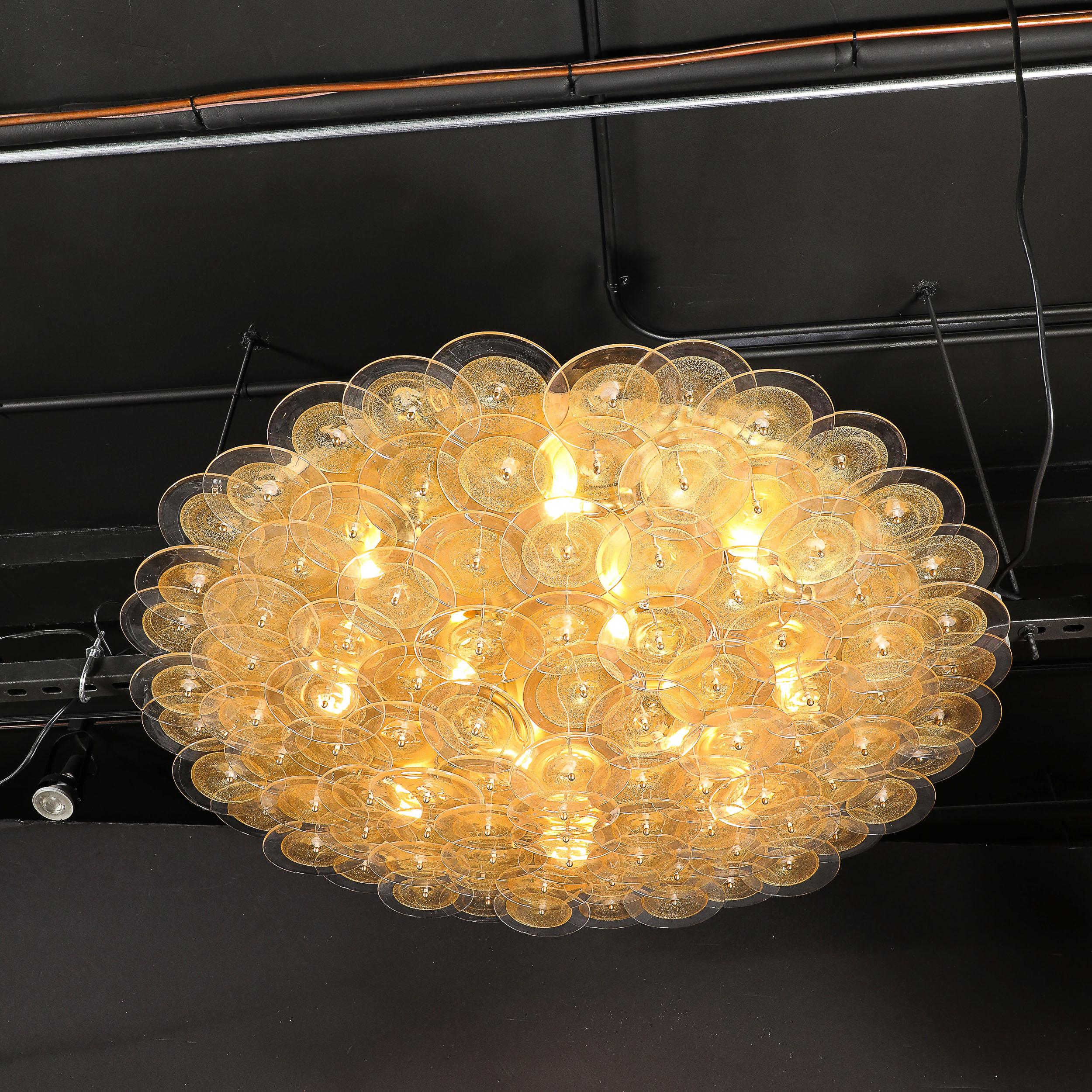 Lustre à disques de Murano en verre doré et transparent et laiton brossé en vente 6