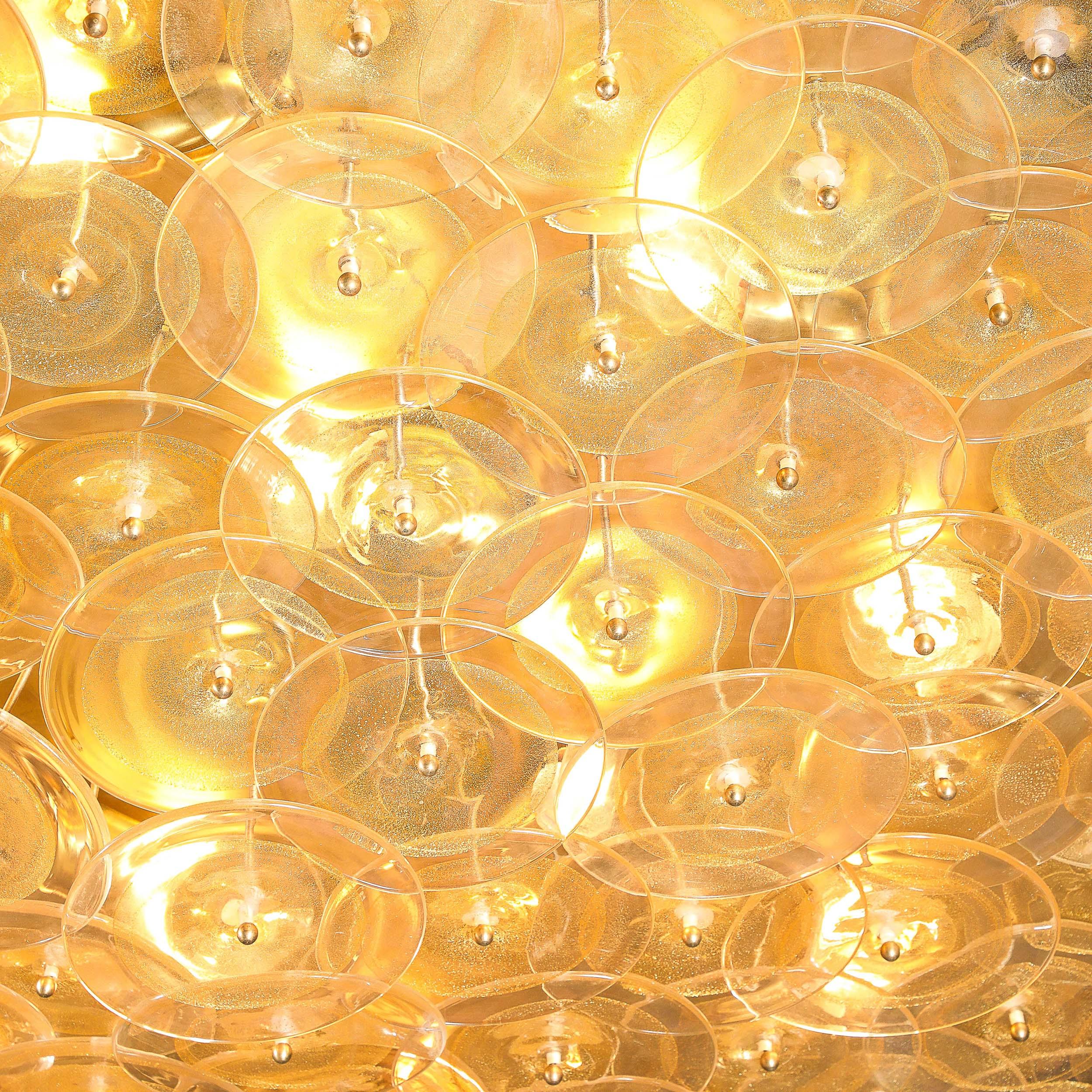 Lustre à disques de Murano en verre doré et transparent et laiton brossé en vente 7
