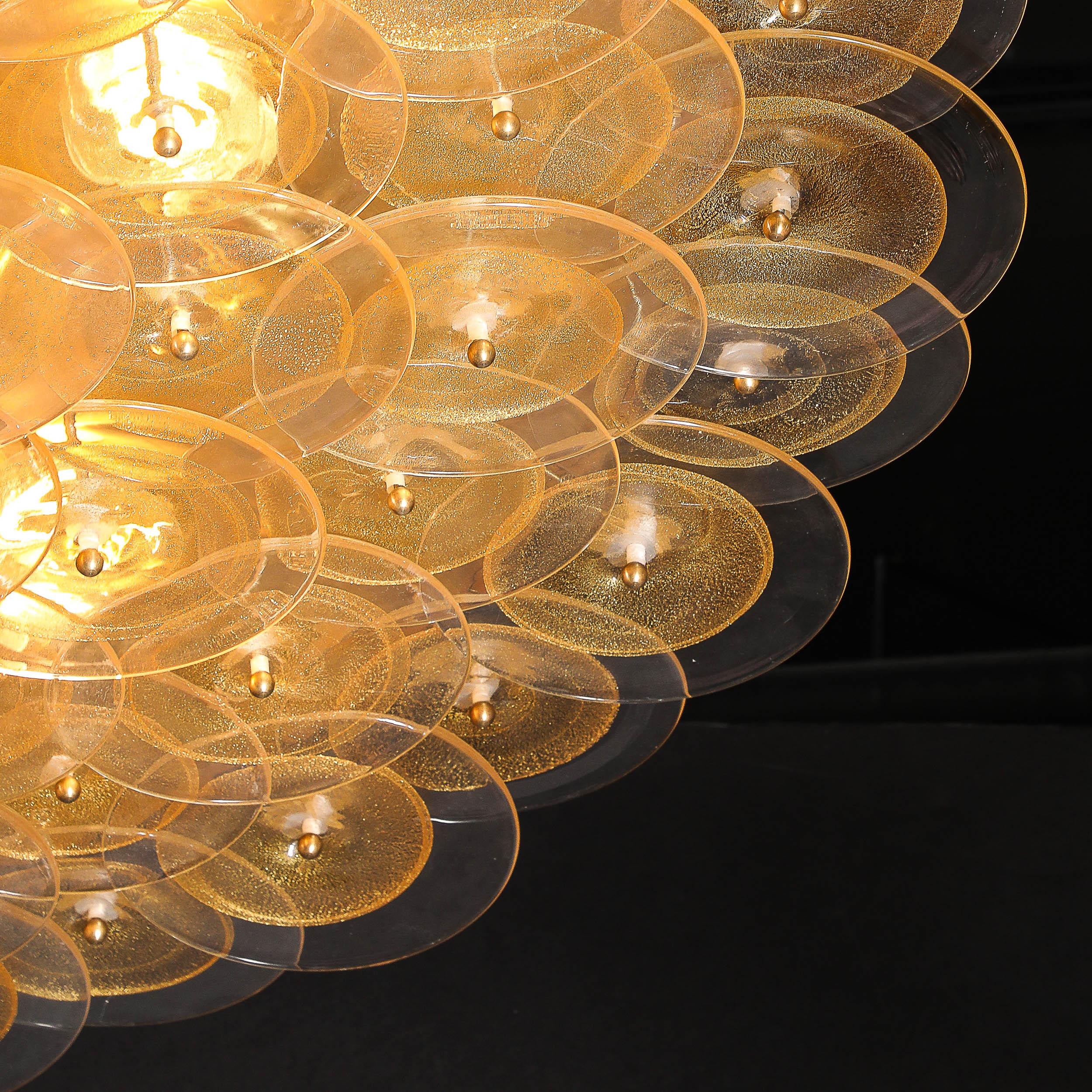 Lustre à disques de Murano en verre doré et transparent et laiton brossé en vente 8