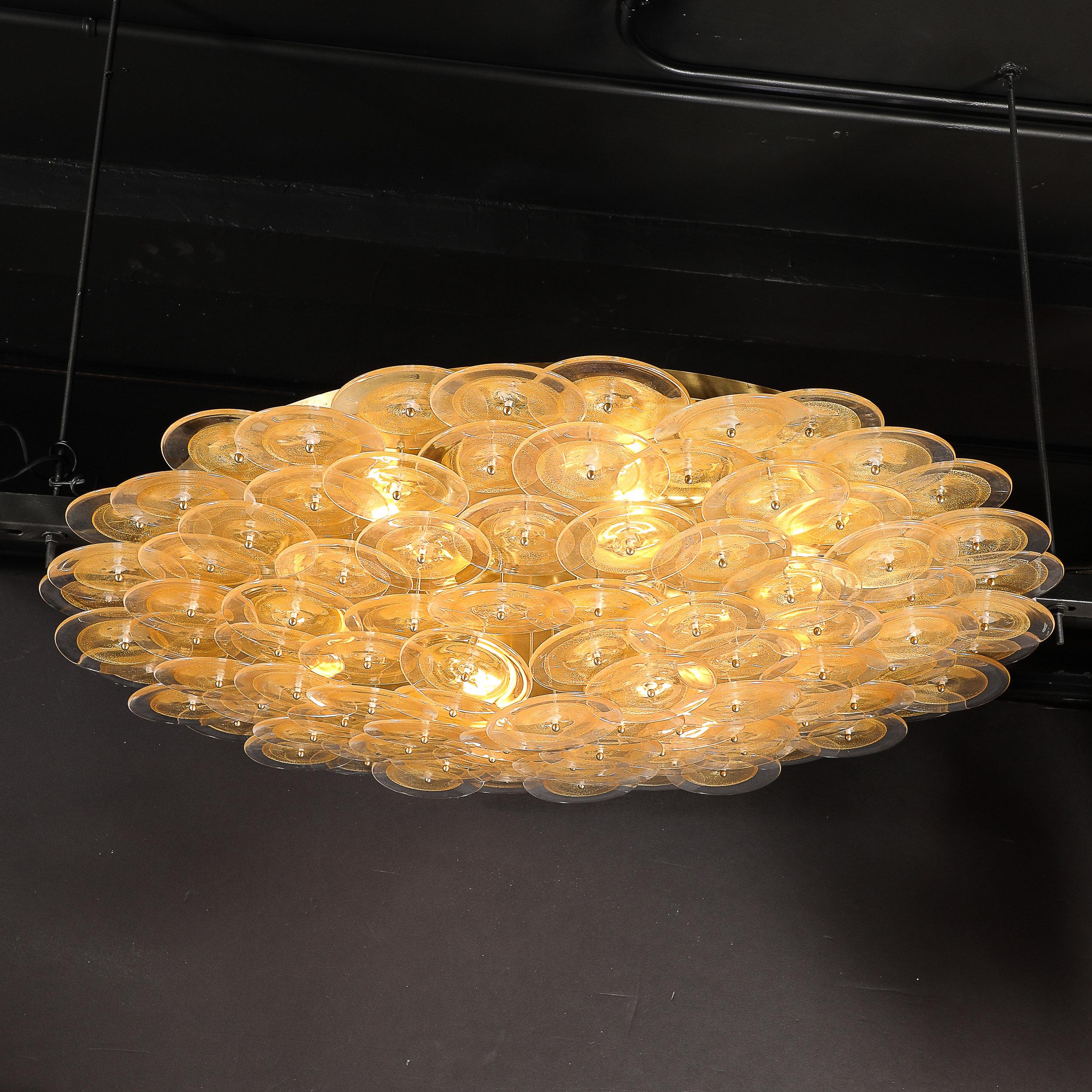 Lustre à disques de Murano en verre doré et transparent et laiton brossé en vente 9