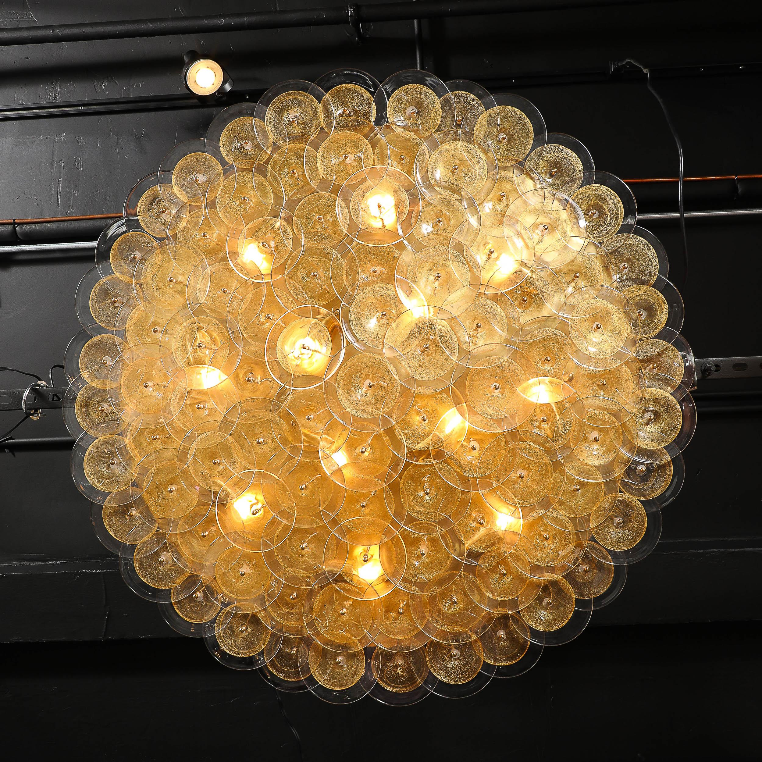 Lustre à disques de Murano en verre doré et transparent et laiton brossé en vente 10