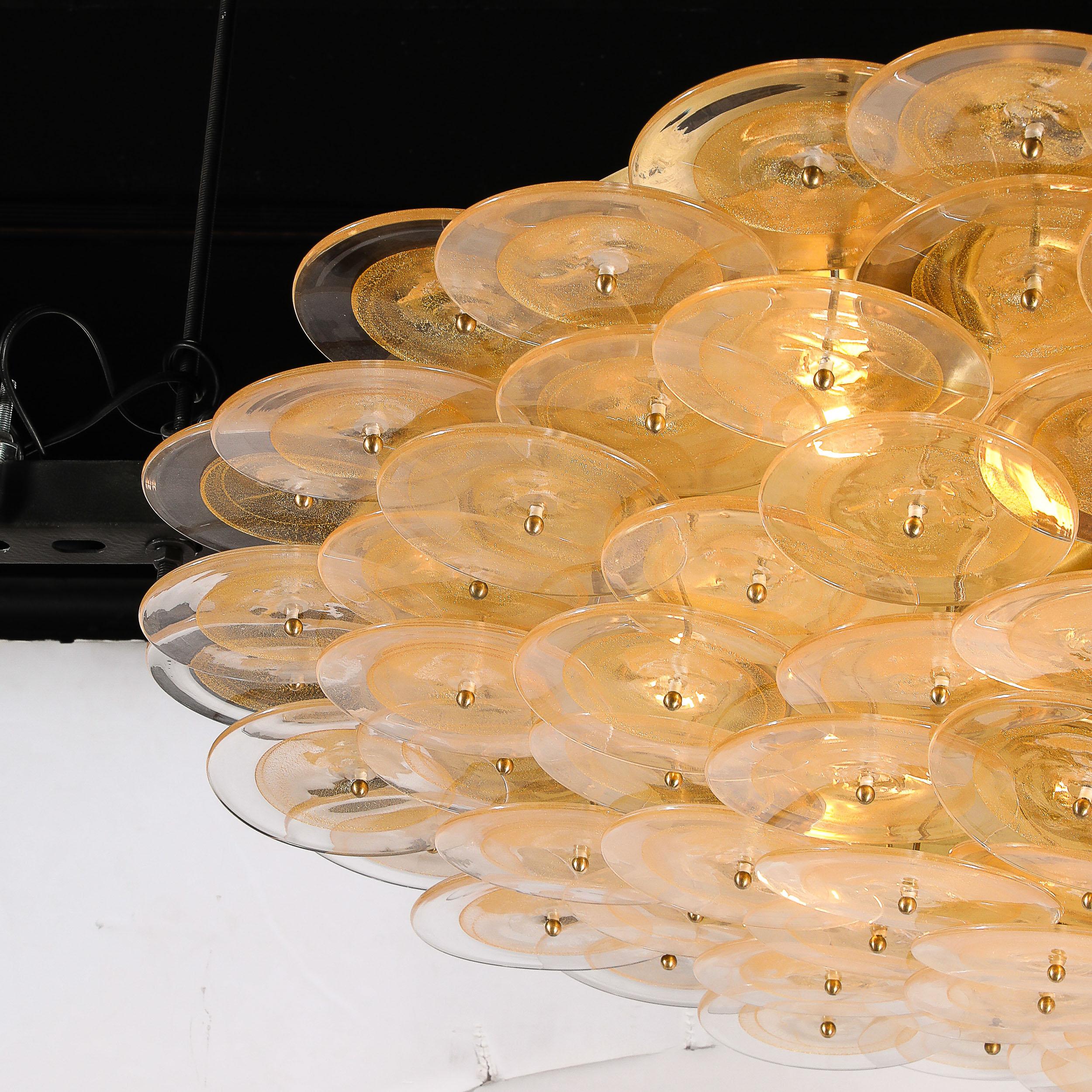 Moderne Lustre à disques de Murano en verre doré et transparent et laiton brossé en vente