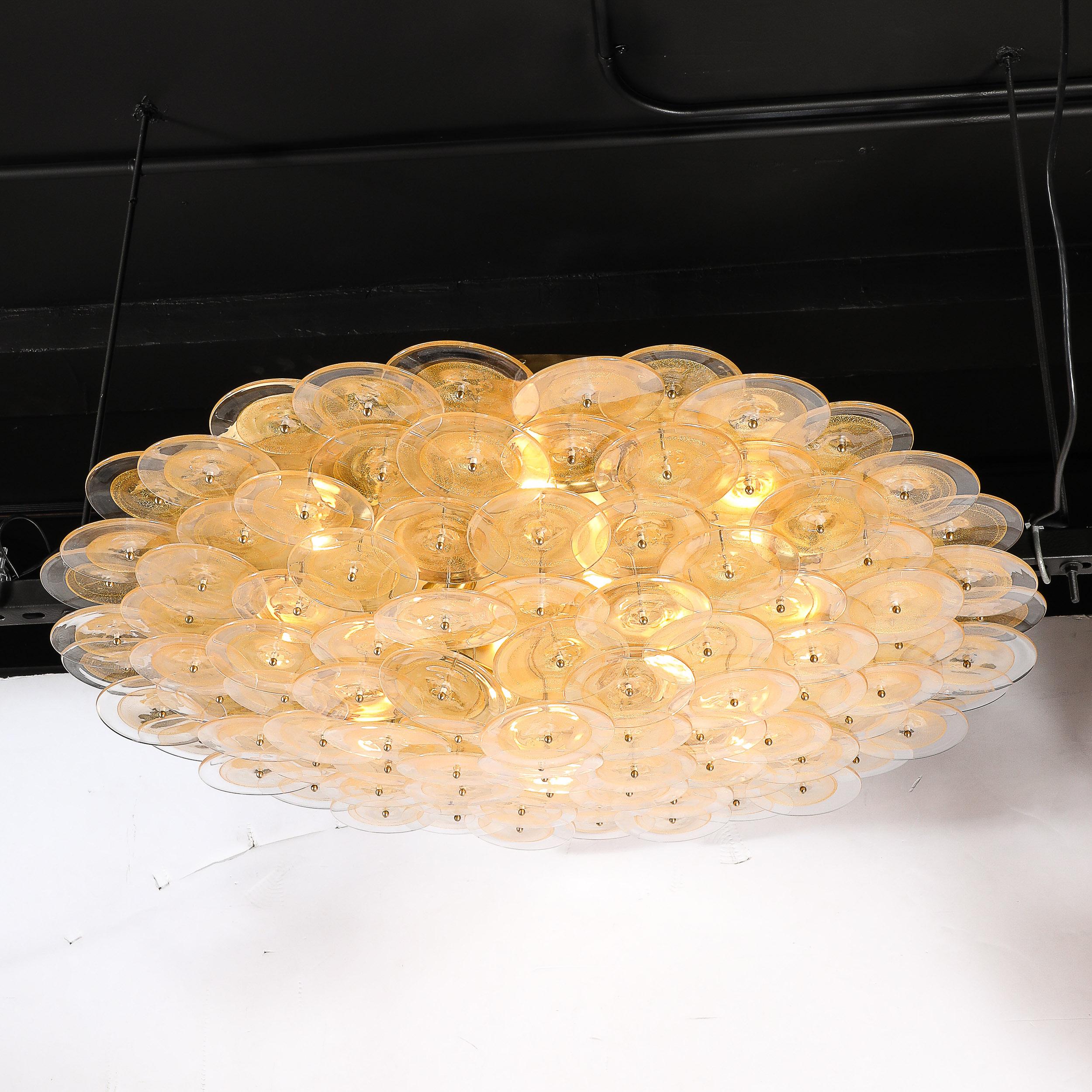 Laiton Lustre à disques de Murano en verre doré et transparent et laiton brossé en vente