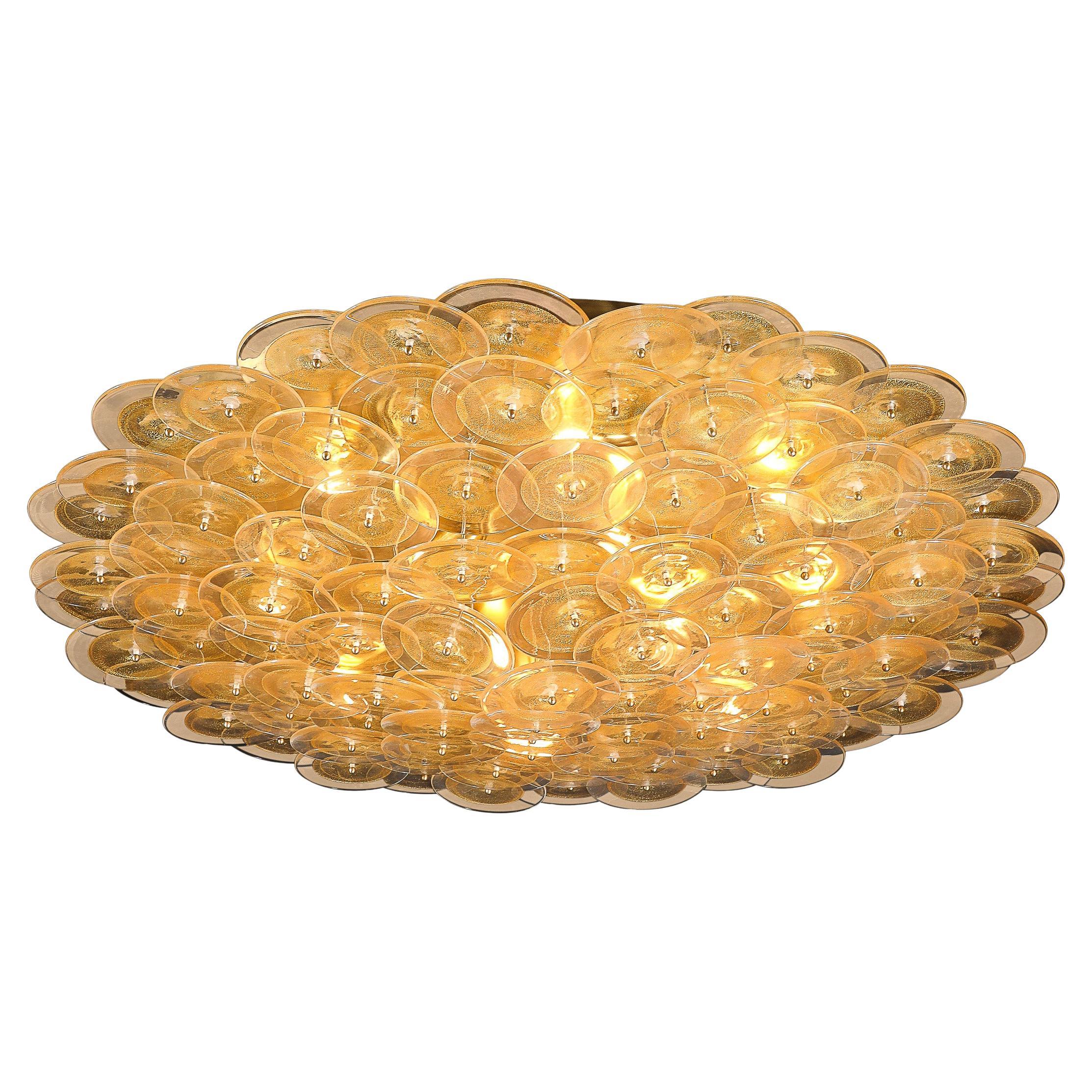 Lustre à disques de Murano en verre doré et transparent et laiton brossé