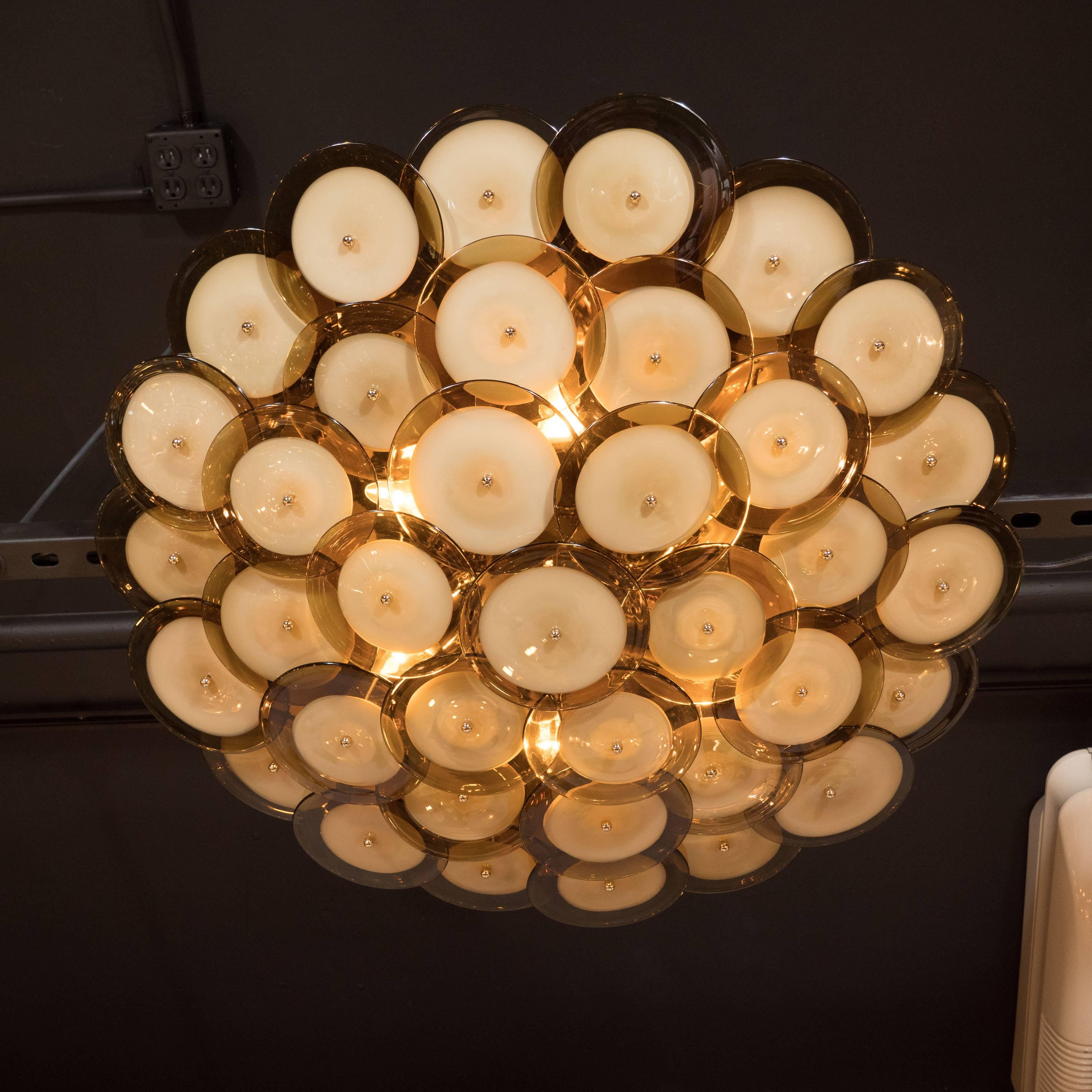 Mid-Century Modern  Flush Mount Murano Disc Chandelier in Smoked Topaz with Brass Base